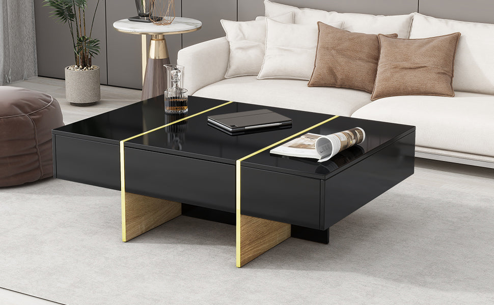 Table de canapé rectangulaire multifonctionnelle ON-TRANS 47,2 pouces x 31,4 pouces avec 2 tiroirs et table centrale à pieds en grain de bois doré, noir