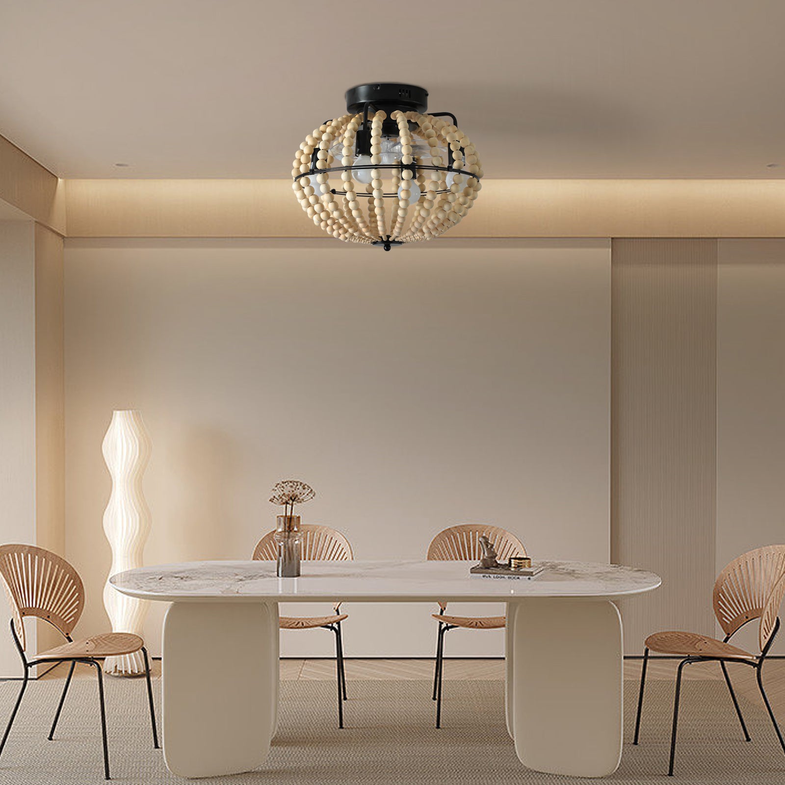 Lampe éventail perlée Lustre en bois perlé Chêne Blanc
