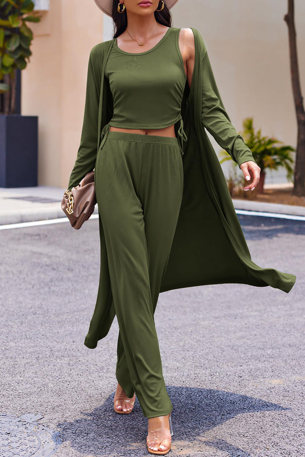 Ensemble débardeur à cordon, cache-maillot à manches longues et pantalon