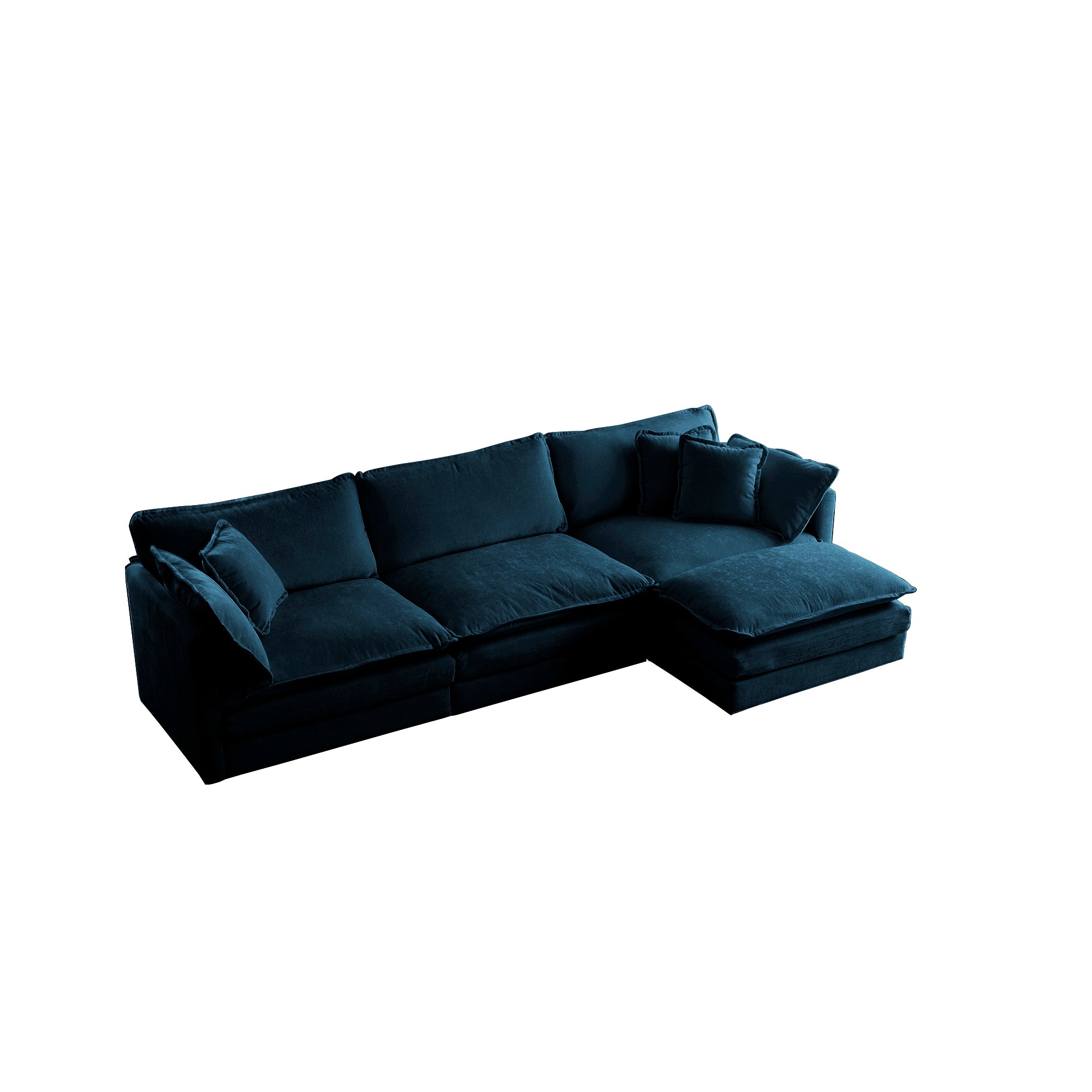 Canapé modulable en L, rembourré et confortable, avec pouf réversible, tissu chenille bleu