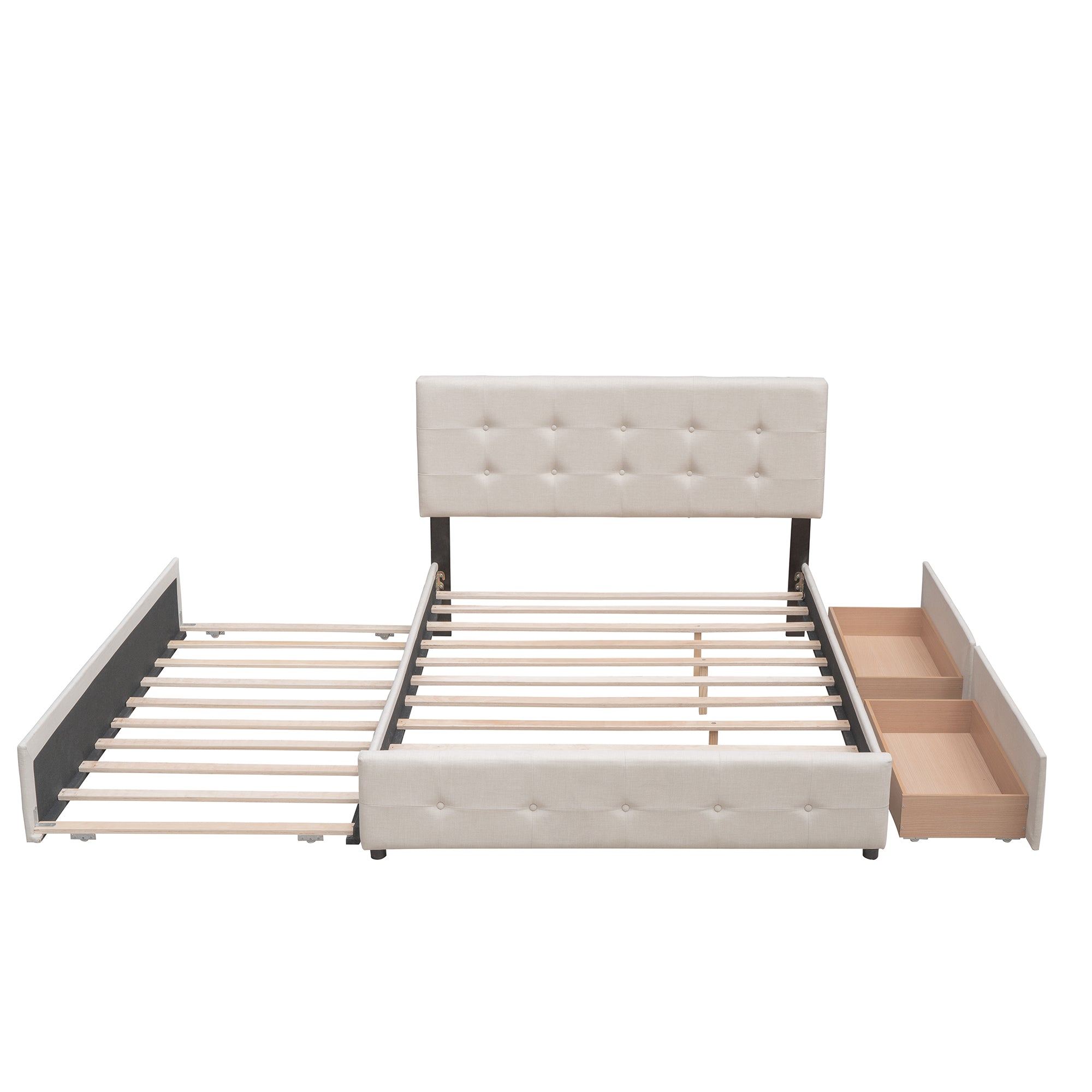 Upholstered Platform Bed with 2 Drawers and 1 Twin XL Trundle Linen Fabric Queen Size - Dark Beige