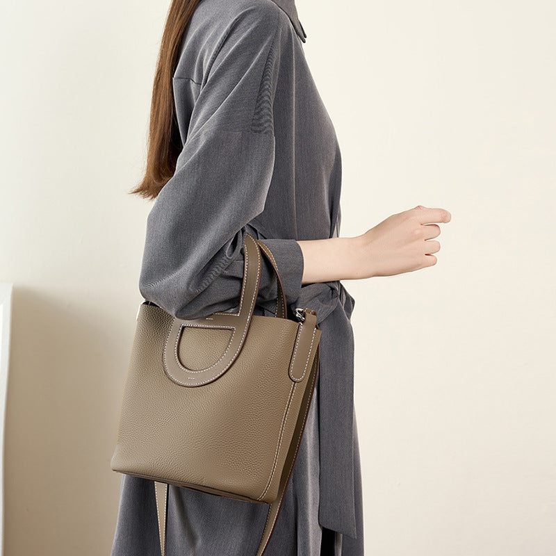 Sac seau en cuir véritable pour femme, sacoche à bandoulière en cuir de vachette avec couche supérieure et nez de cochon