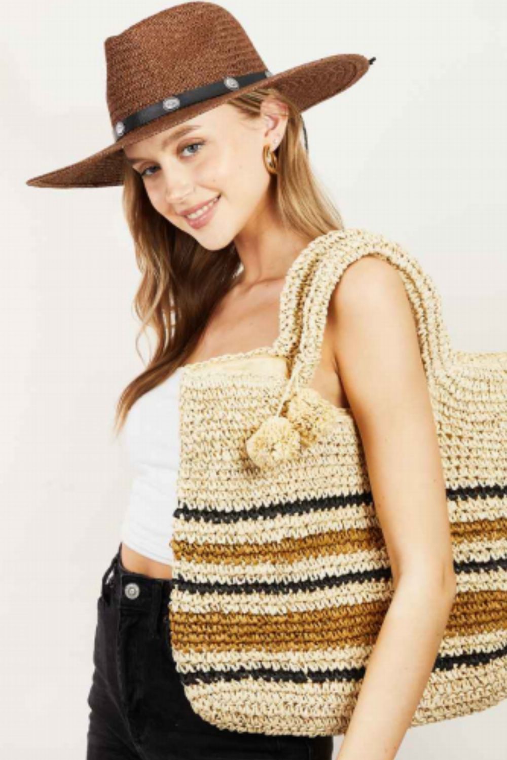 Sac fourre-tout en paille tressée à rayures Fame