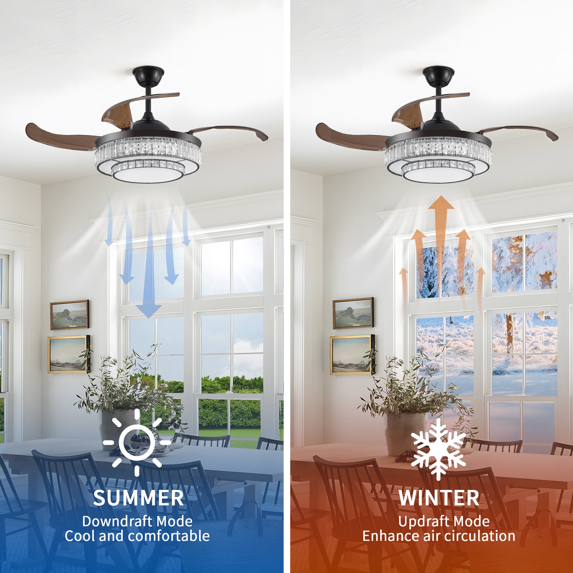Ventilateur de plafond rétractable LED moderne avec éclairage et télécommande, moteur réversible silencieux, ventilateur de plafond moderne à 4 pales