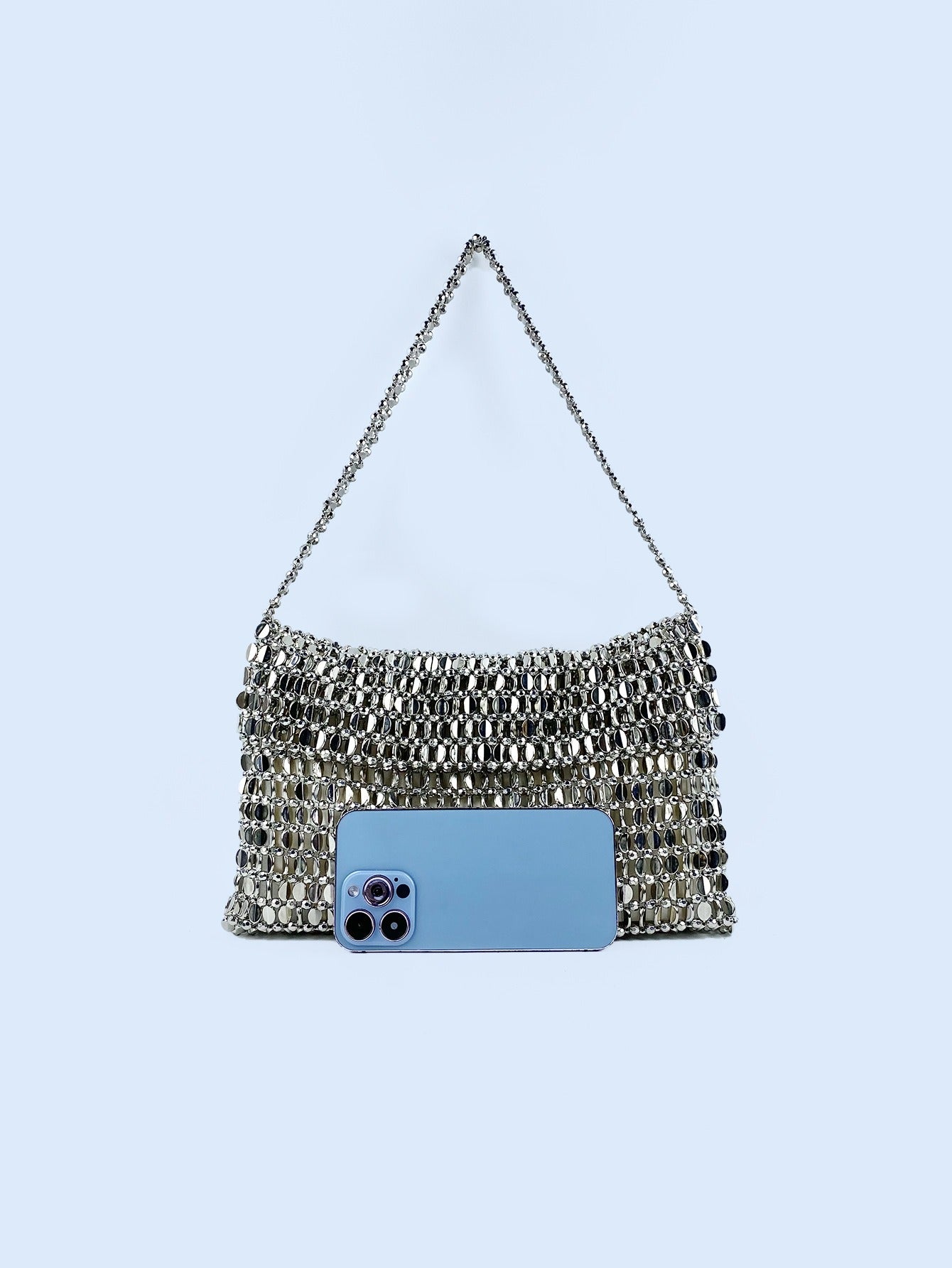 Sac à main rétro en métal argenté à paillettes pour femme, tissé à la main, haut de gamme, à bandoulière et sous les aisselles