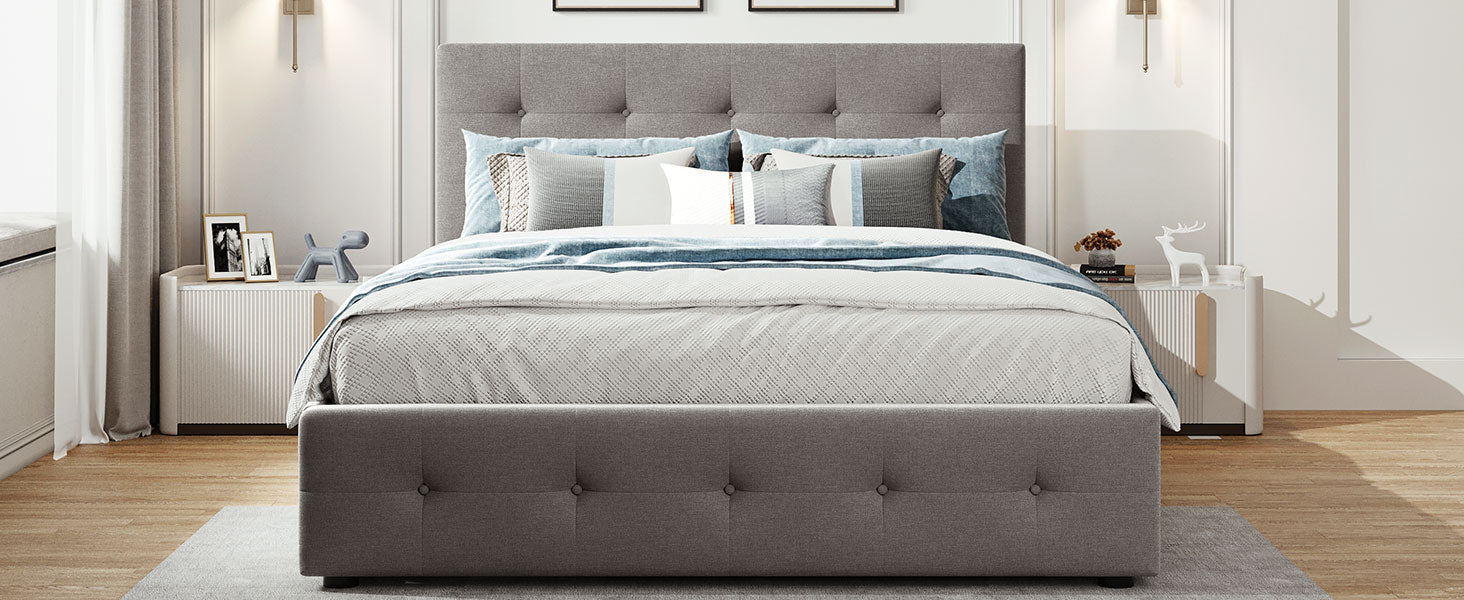 Lit plateforme rembourré avec 2 tiroirs et 1 lit gigogne simple XL en tissu lin, taille Queen - Gris clair