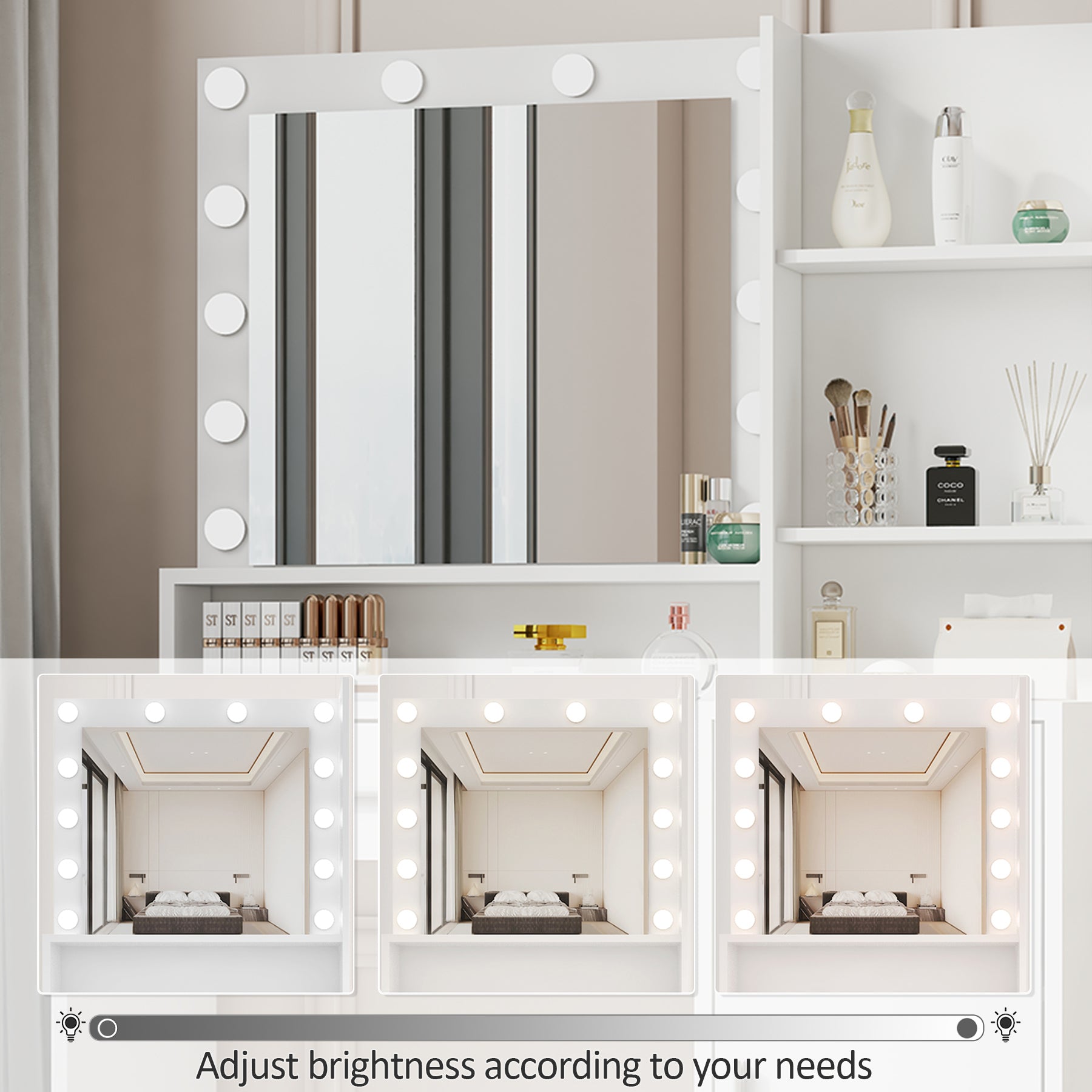 Grand tiroir avec miroir et lumière, meuble de rangement à trois niveaux, luminosité réglable pour 3 modes d'éclairage (blanc avec tabouret)