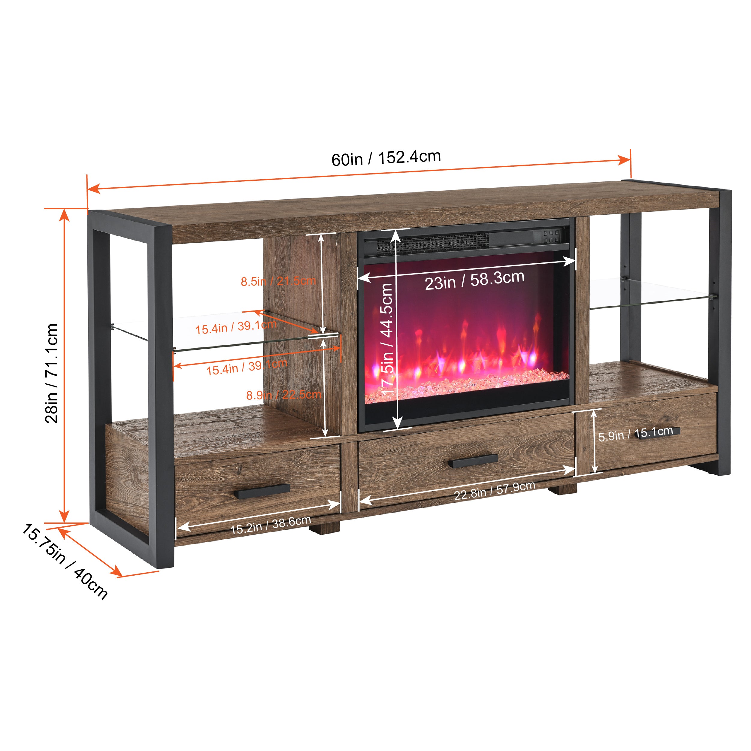 Meuble TV multimédia avec foyer électrique de 60 pouces et lumières LED colorées synchronisées - Couleur bois de grange recyclé
