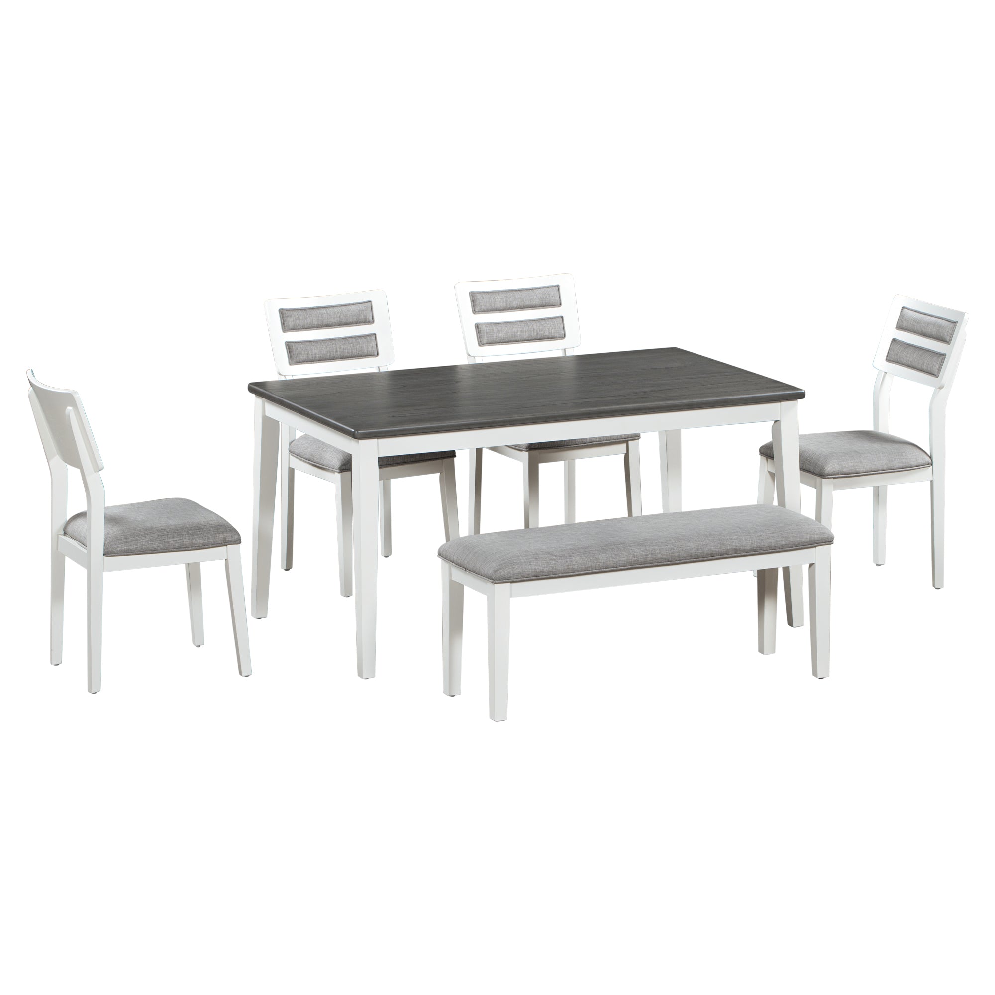 Ensemble de salle à manger TREXM de style classique et traditionnel, 6 pièces, comprenant une table à manger, 4 chaises rembourrées et un banc (blanc et gris)