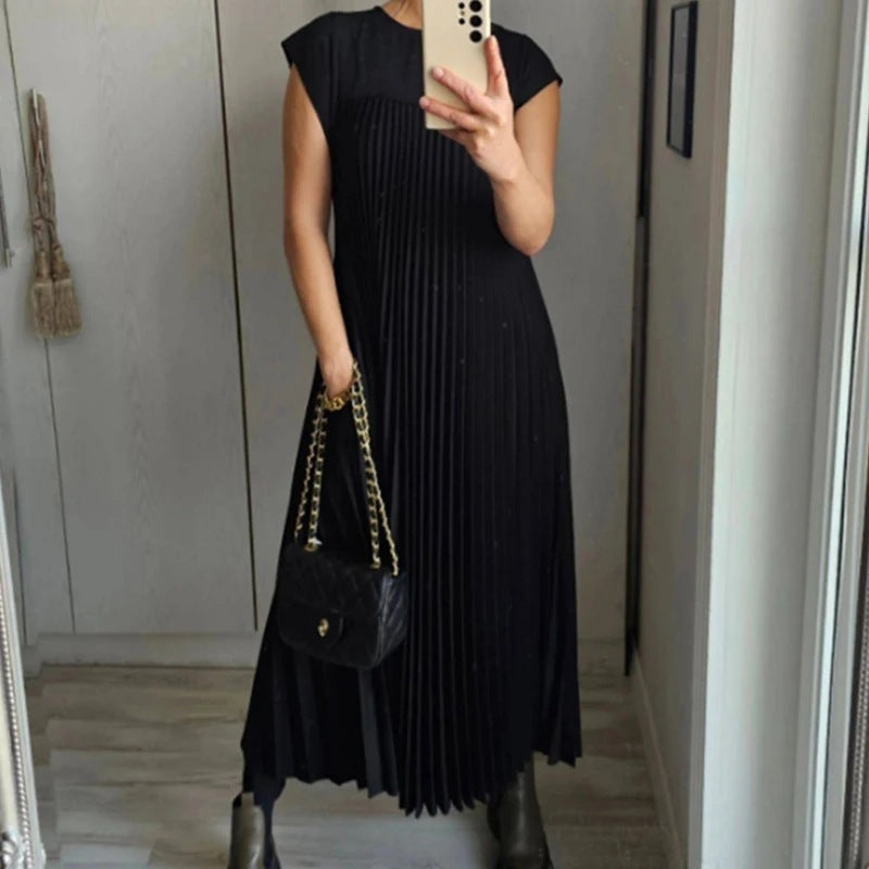 Nouvelle robe plissée sans manches à col rond pour femme, mode automne et hiver