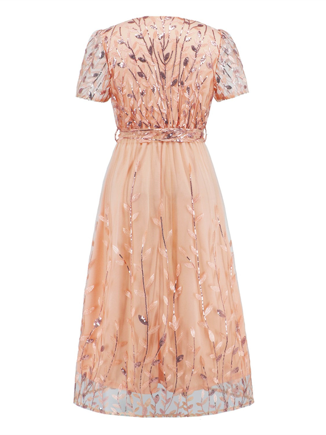Robe à manches courtes avec broderie de feuilles à sequins et nœud sur le devant