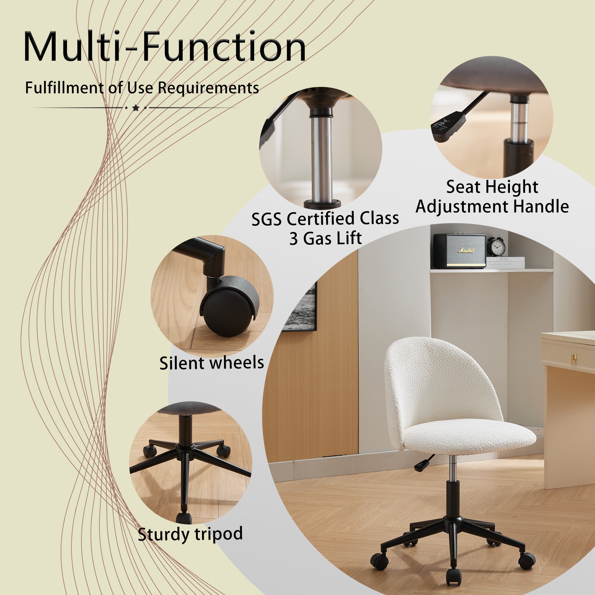 Chaise de bureau en tissu velours, chaise d'ordinateur pivotante réglable à dossier moyen, pieds noirs, chaise de bureau rembourrée avec roulettes