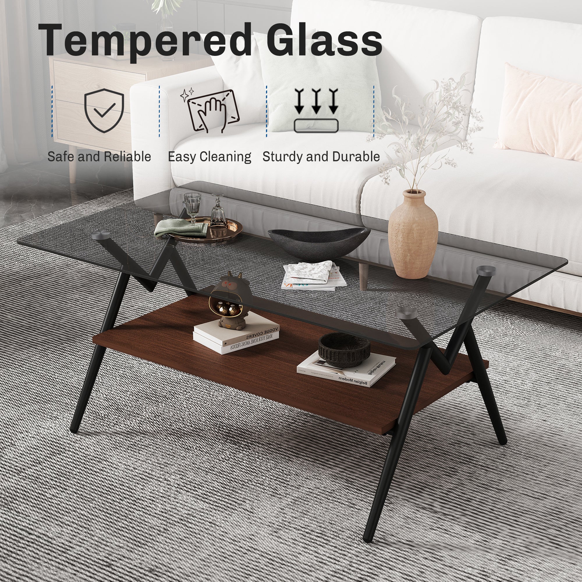 Table basse rectangulaire avec plateau en verre trempé et étagère en MDF marron, table moderne pour salon, verre gris