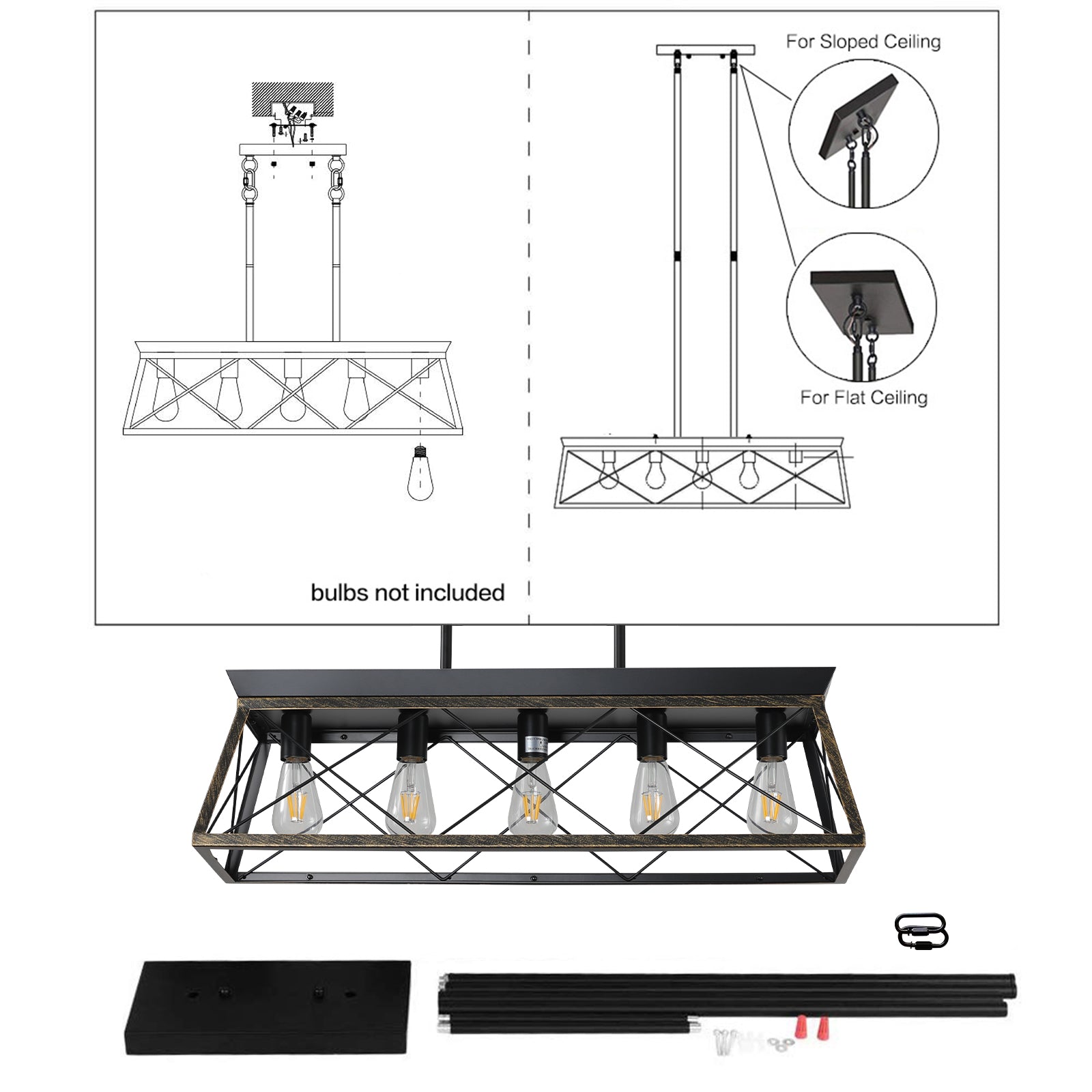 Lustre de ferme à 5 lumières pour salle à manger, suspension rustique en métal, éclairage d'îlot rectangulaire moderne (sans ampoules)