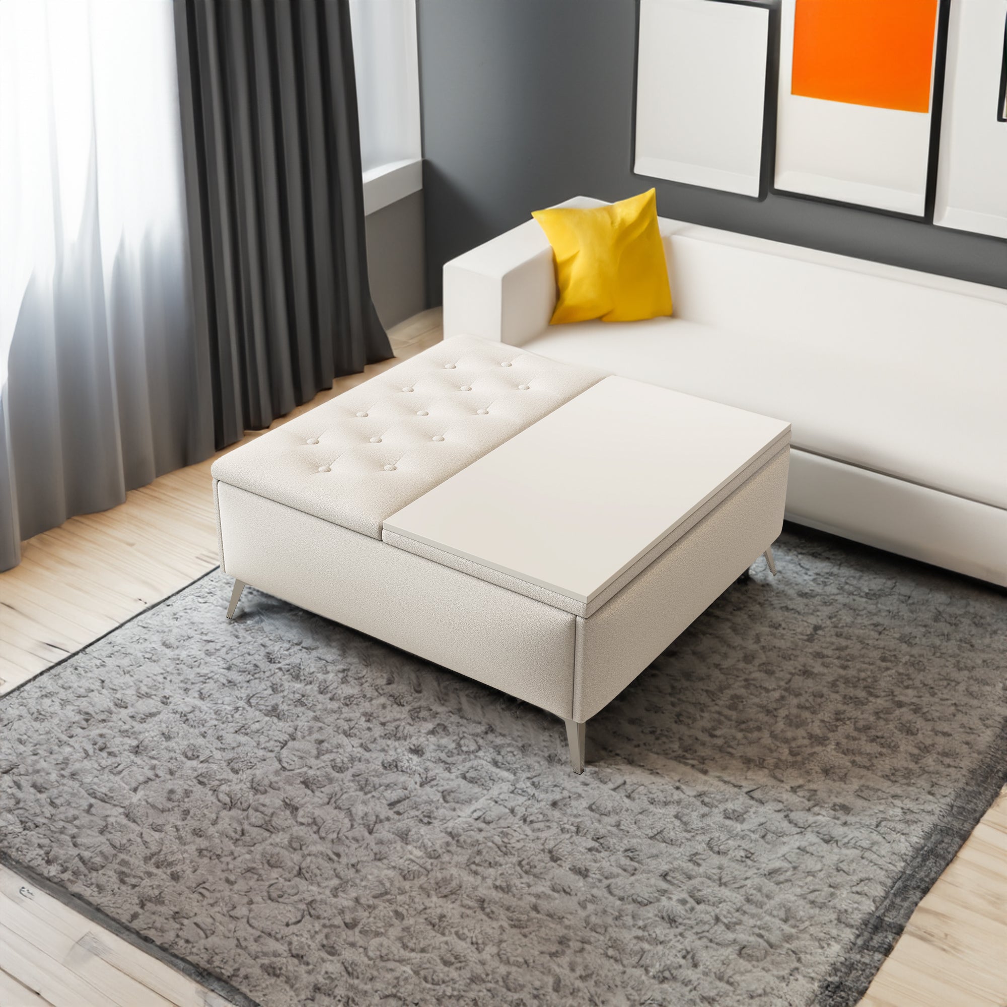 Banc de rangement carré de 35 pouces de large, table basse avec plateau relevable, ottoman de rangement surdimensionné rembourré pour le salon