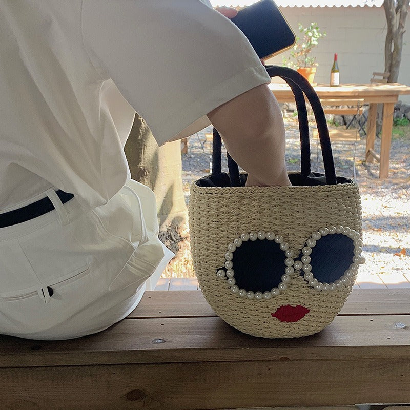 Sac à main en rotin tissé de mode japonaise, sac tissé en forme de seau d'eau de style japonais de dessin animé mignon
