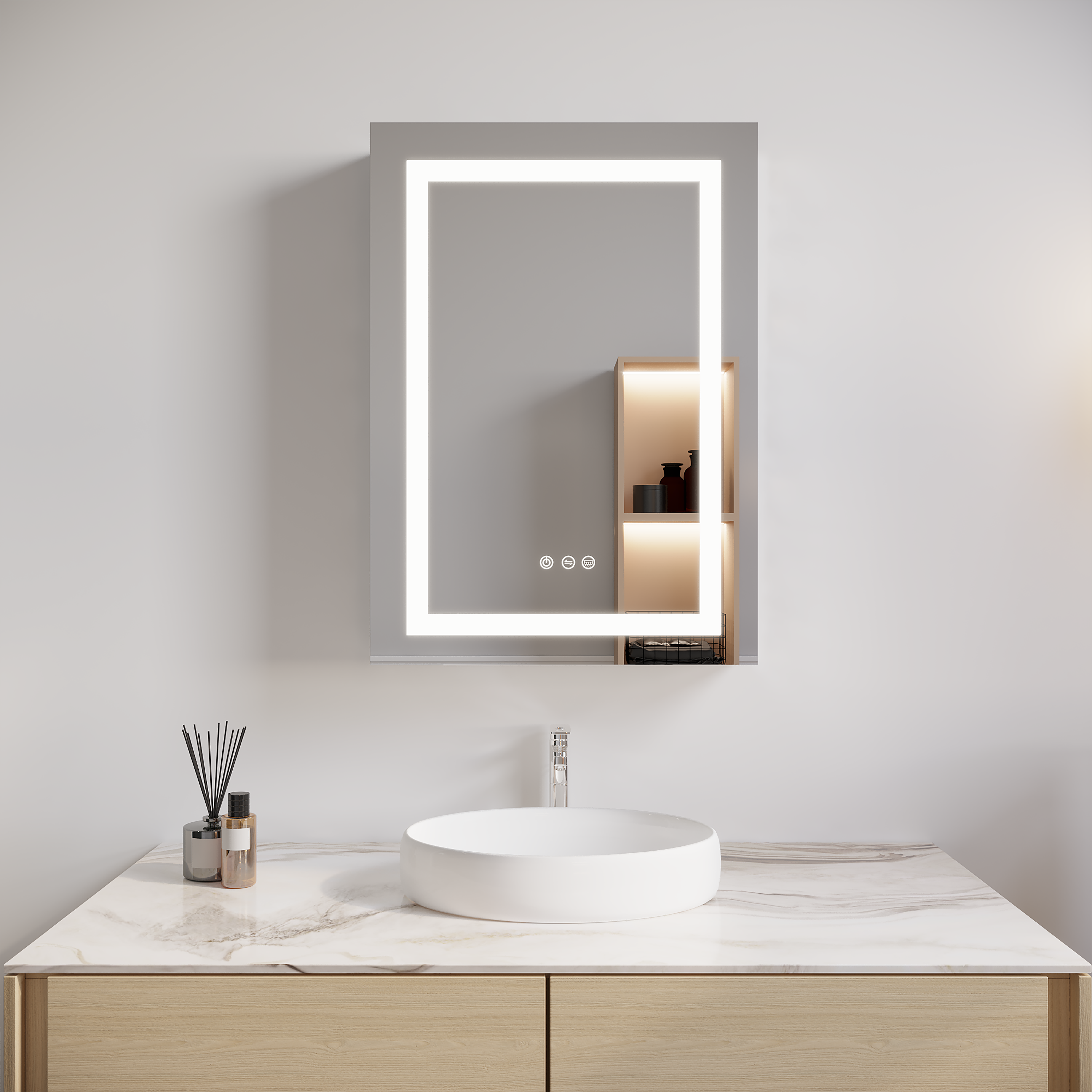 Armoire à pharmacie de salle de bain 26x20 pouces (porte gauche) avec miroir LED 3000K ~ 6000K éclairage à porte simple armoire de salle de bain avec interrupteur tactile réglable