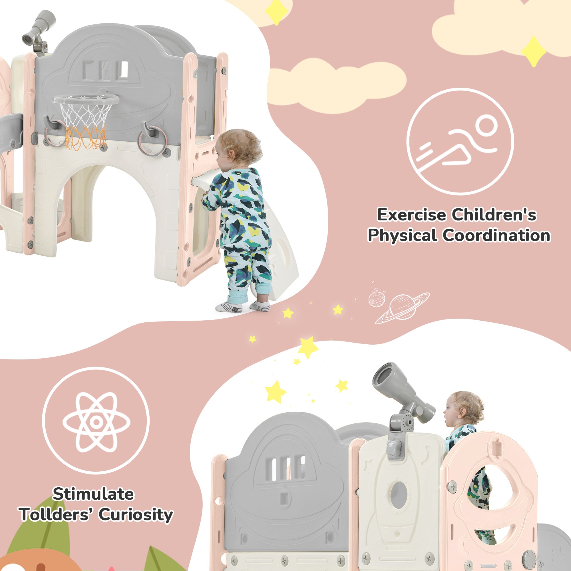 Structure de jeu pour enfants 7 en 1, vaisseau spatial autonome avec toboggan, tunnel en arche rose et gris + PEHD