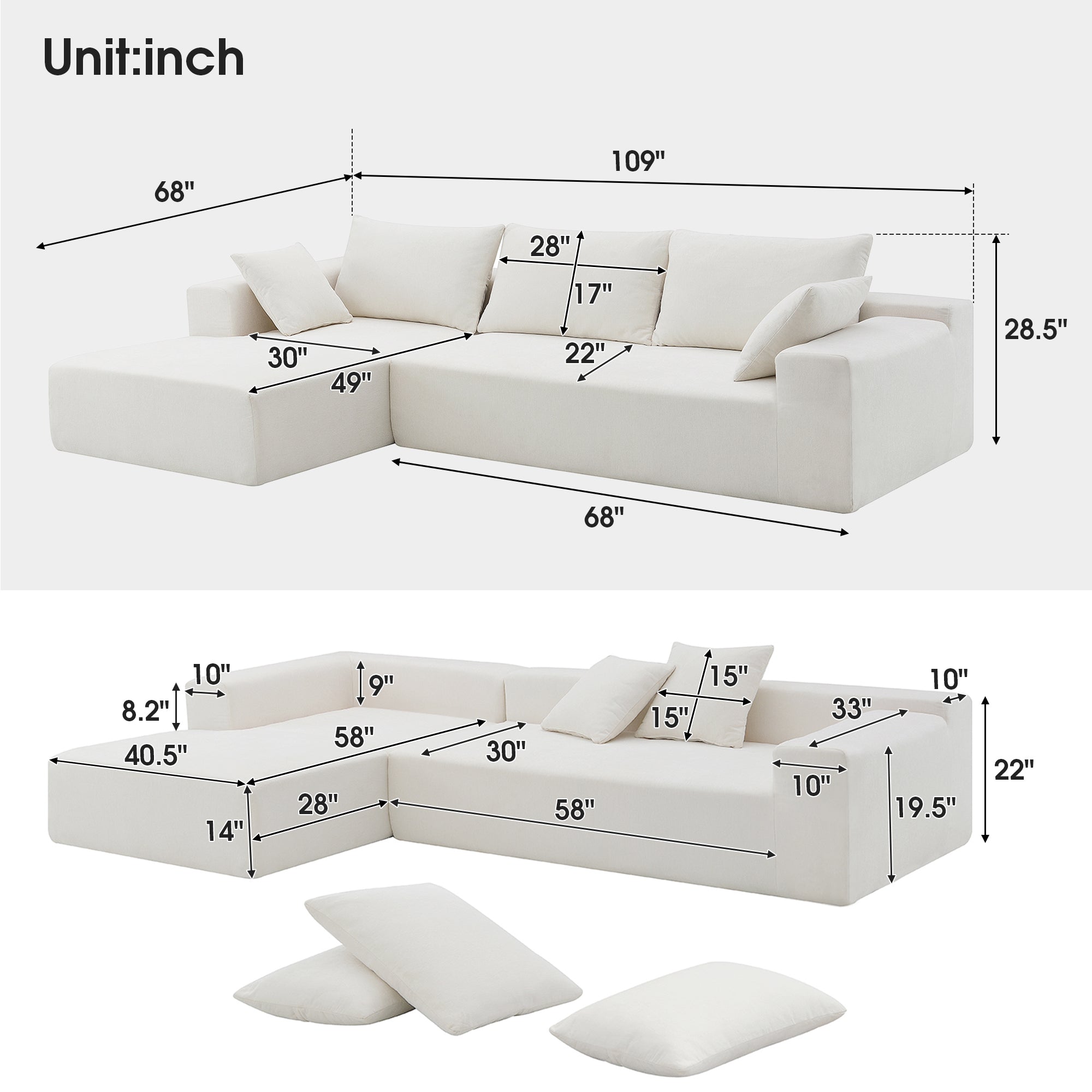 Ensemble de canapés de salon modulaires 109 x 68 pouces, style minimaliste moderne, blanc