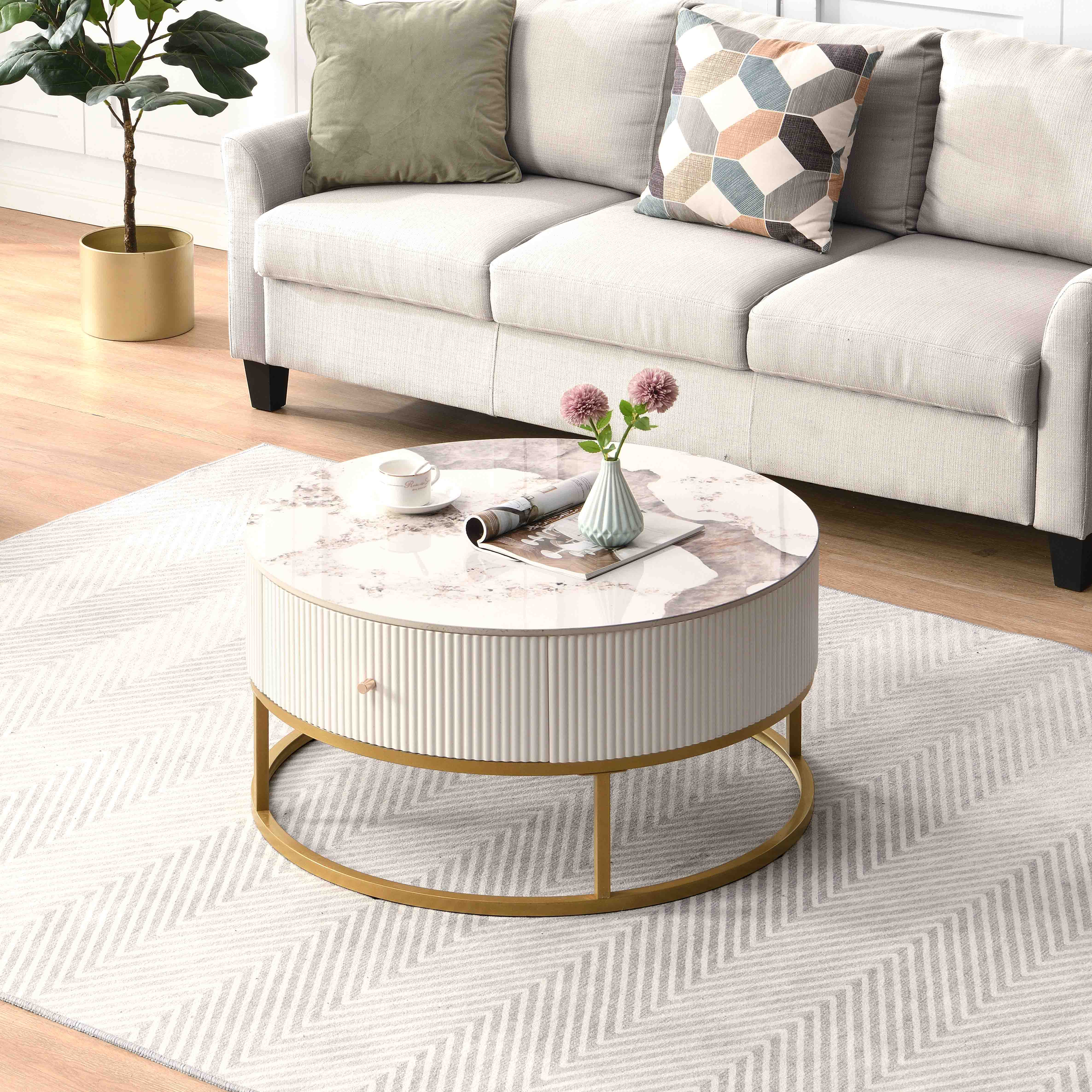Table basse ronde moderne de 31,5 pouces avec tiroirs, table en marbre avec rangement, table basse de salon