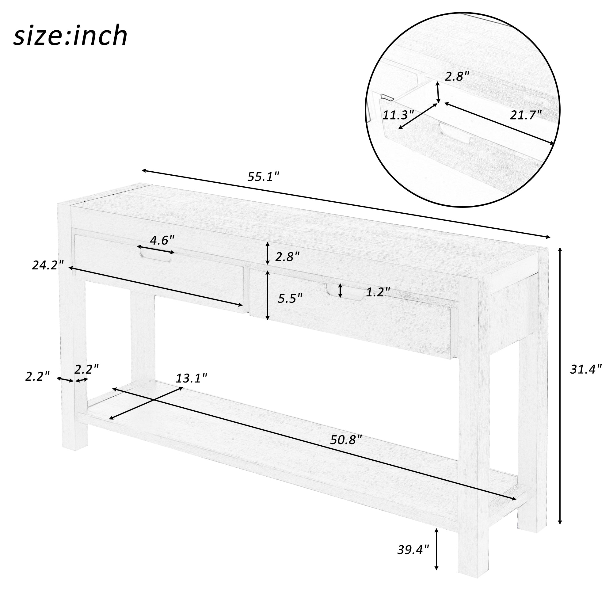 Table console U_STYLE pour entrée, couloir, salon, avec 2 tiroirs et 1 étagère