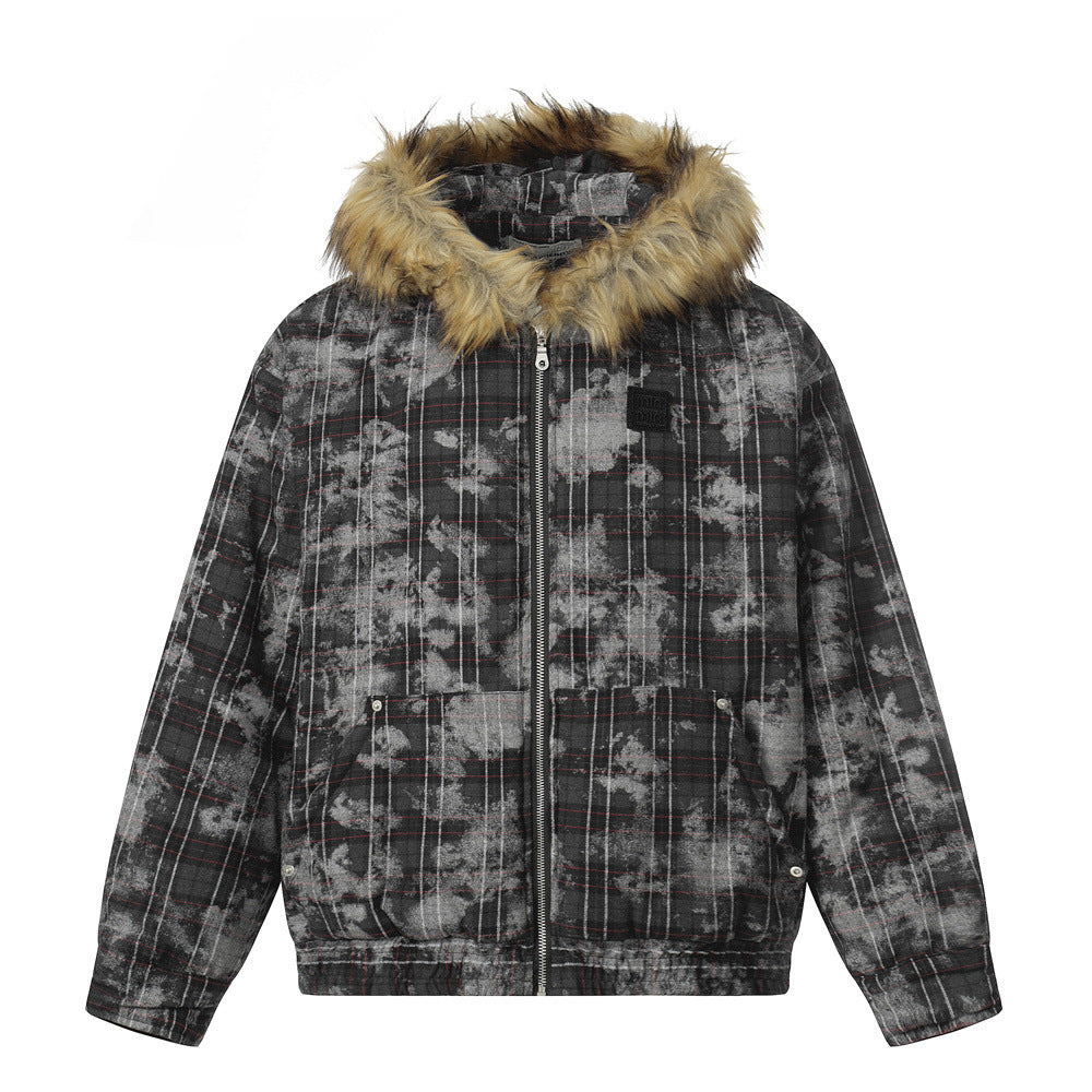 Street Style Men's Cotton Coat with Hood and Fur Collar, Plaid Design, Casual Loose Fit Outerwear