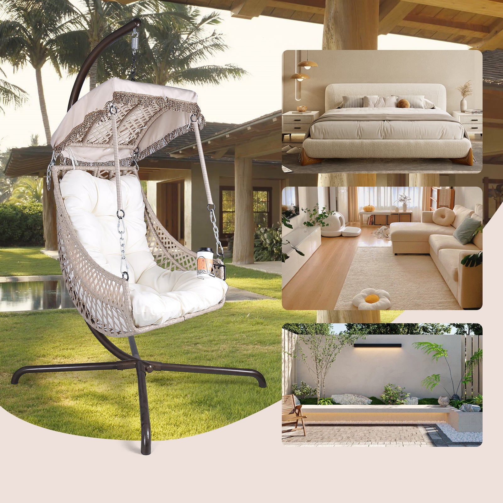 Chaise pivotante avec support, cadre en rotin et osier, capacité de 158 kg, pour patio, chambre à coucher, avec pare-soleil
