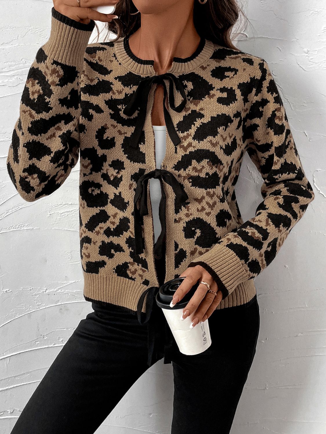 Cardigan à manches longues noué léopard Perfee
