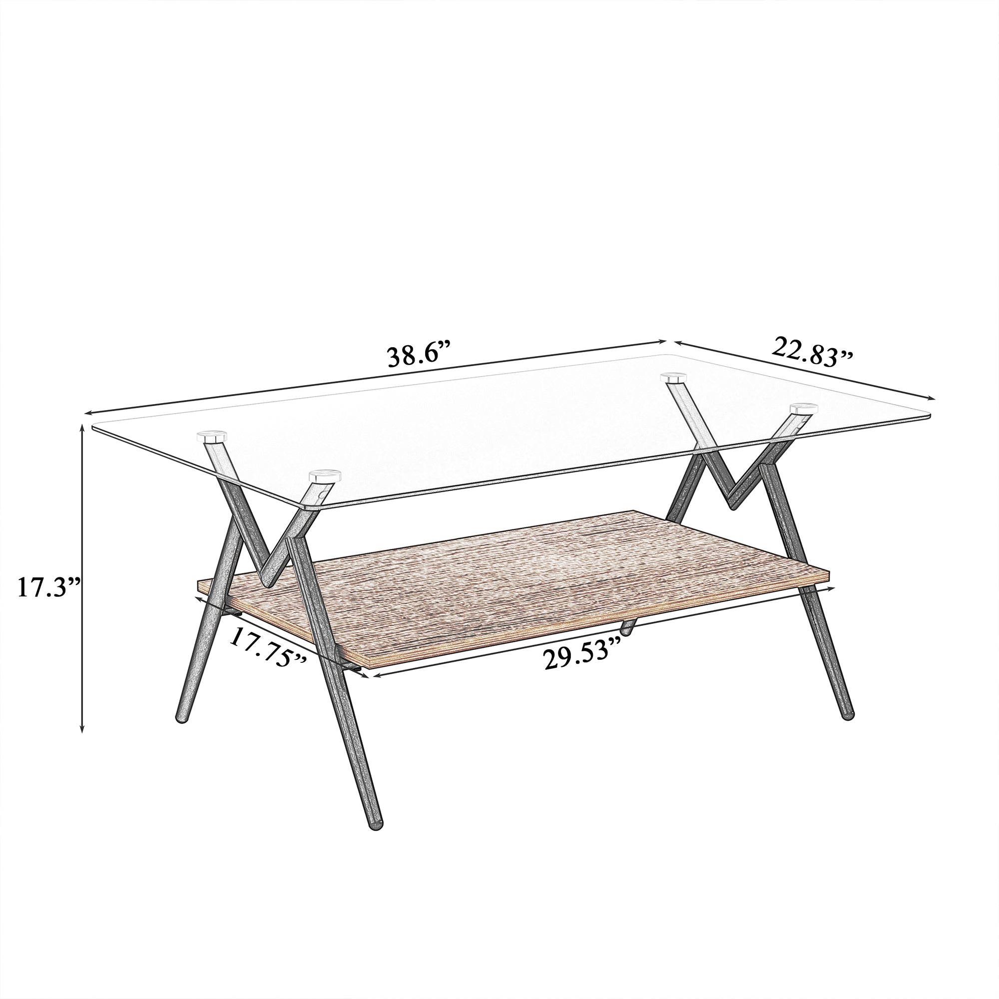 Table basse rectangulaire avec plateau en verre trempé et étagère en MDF marron, table moderne pour salon, verre gris