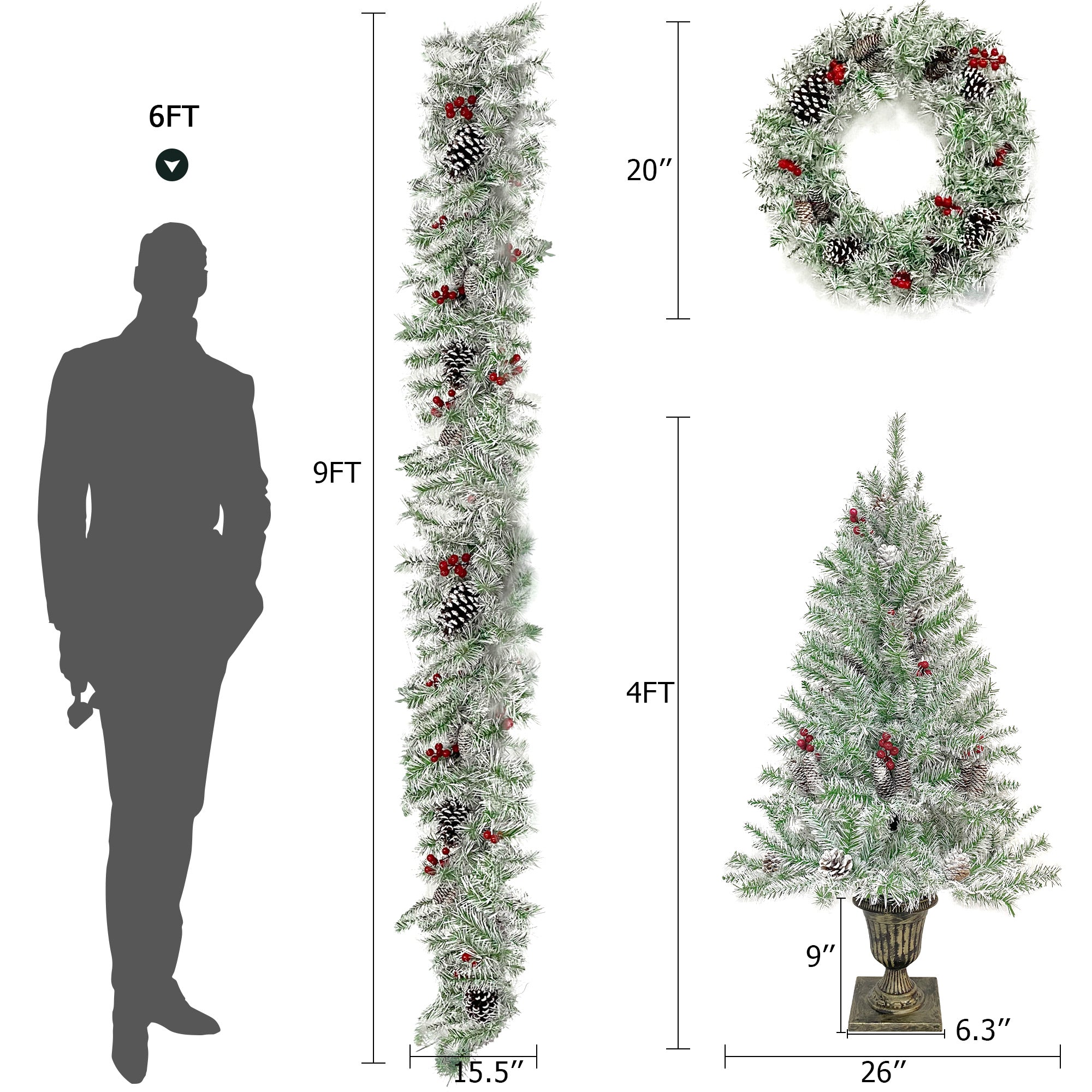 Sapin de Noël artificiel pré-éclairé, ensemble de 4 pièces, guirlande, couronne et ensemble de 2 arbres d'entrée de Noël