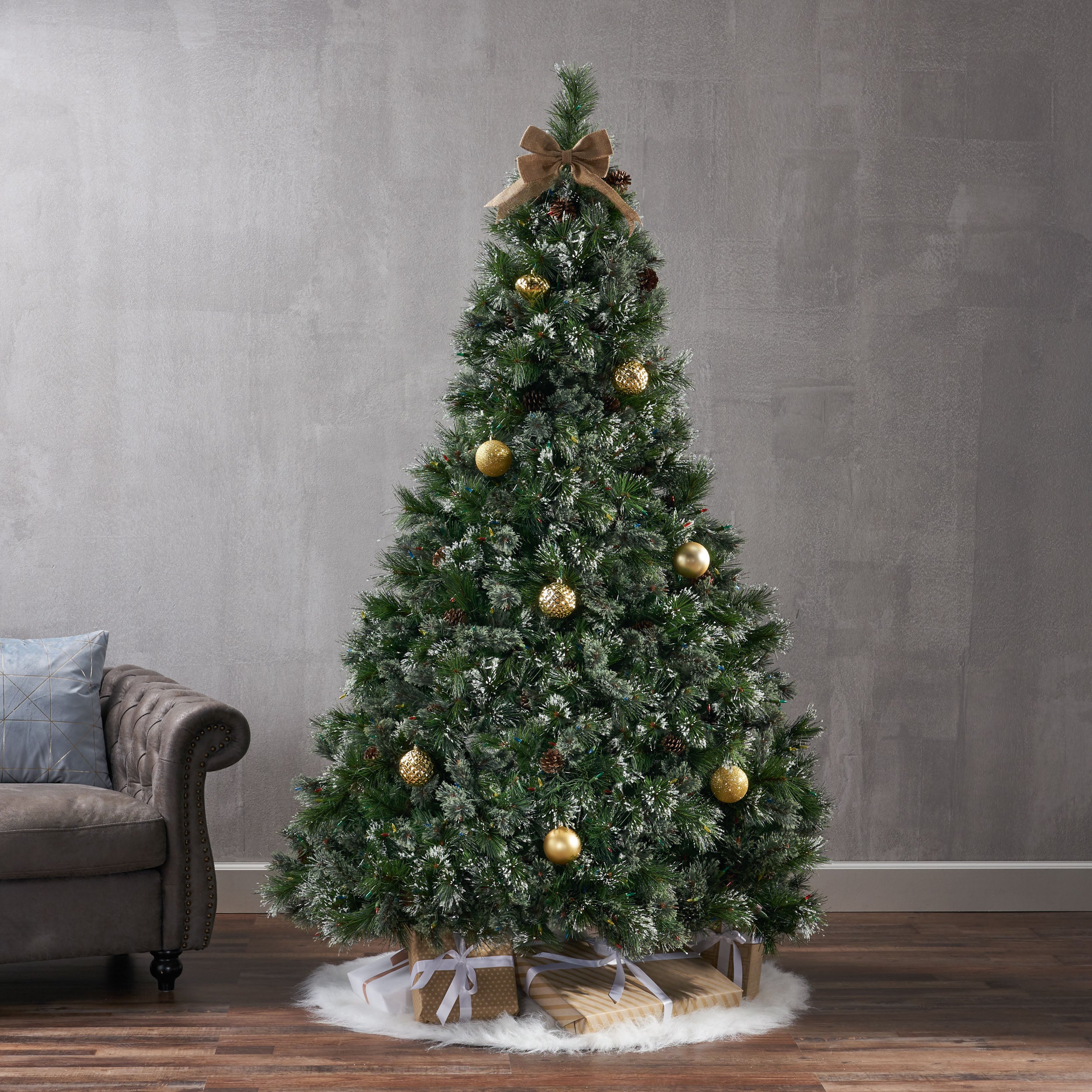 Sapin de 7 pi, mélange de cachemire et de poils de neige, avec 75 pommes de pin et 900 lumières LED - UL, 1 233 pointes, diamètre : 59