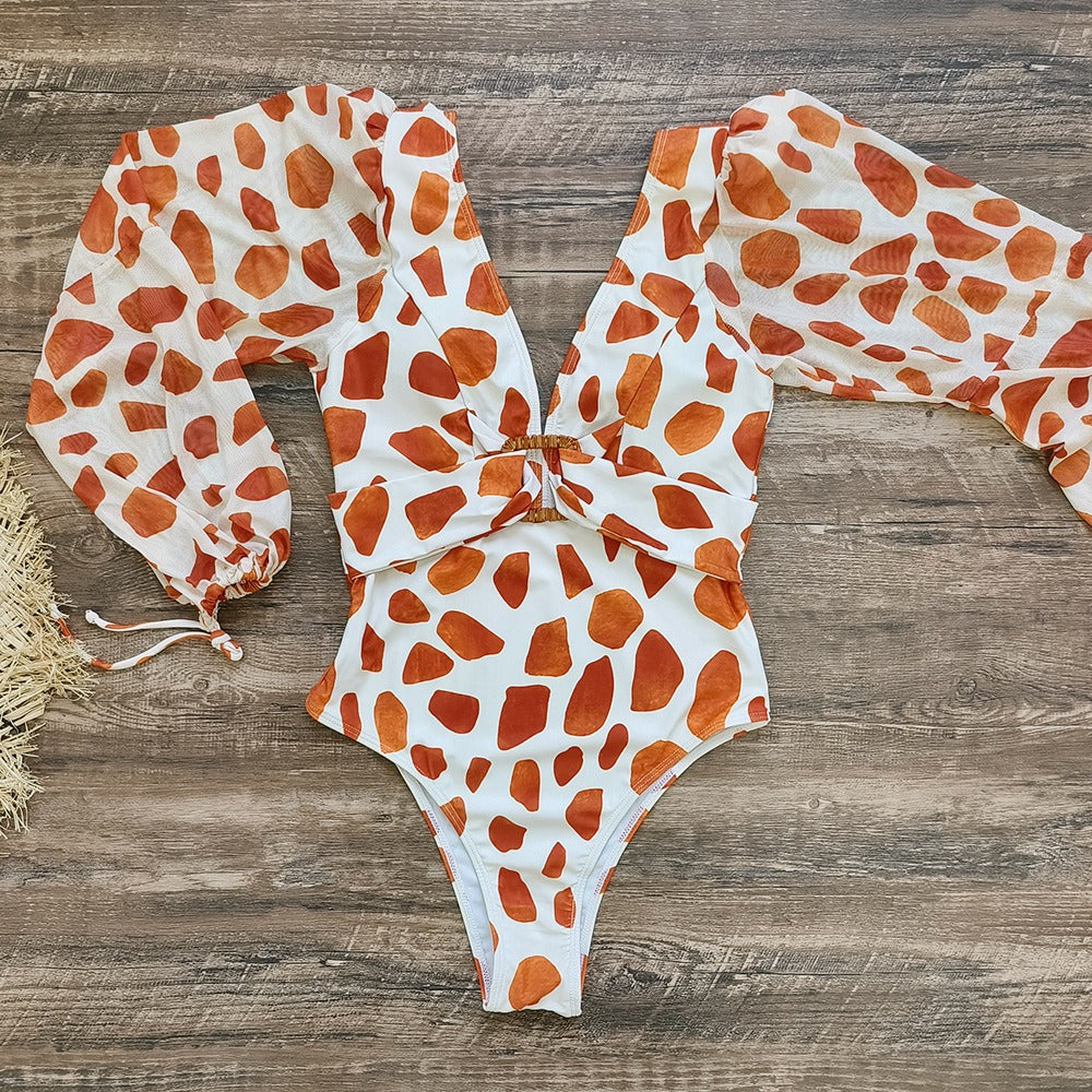 Maillot de bain une pièce en maille à manches longues pour femme, décolleté en V profond