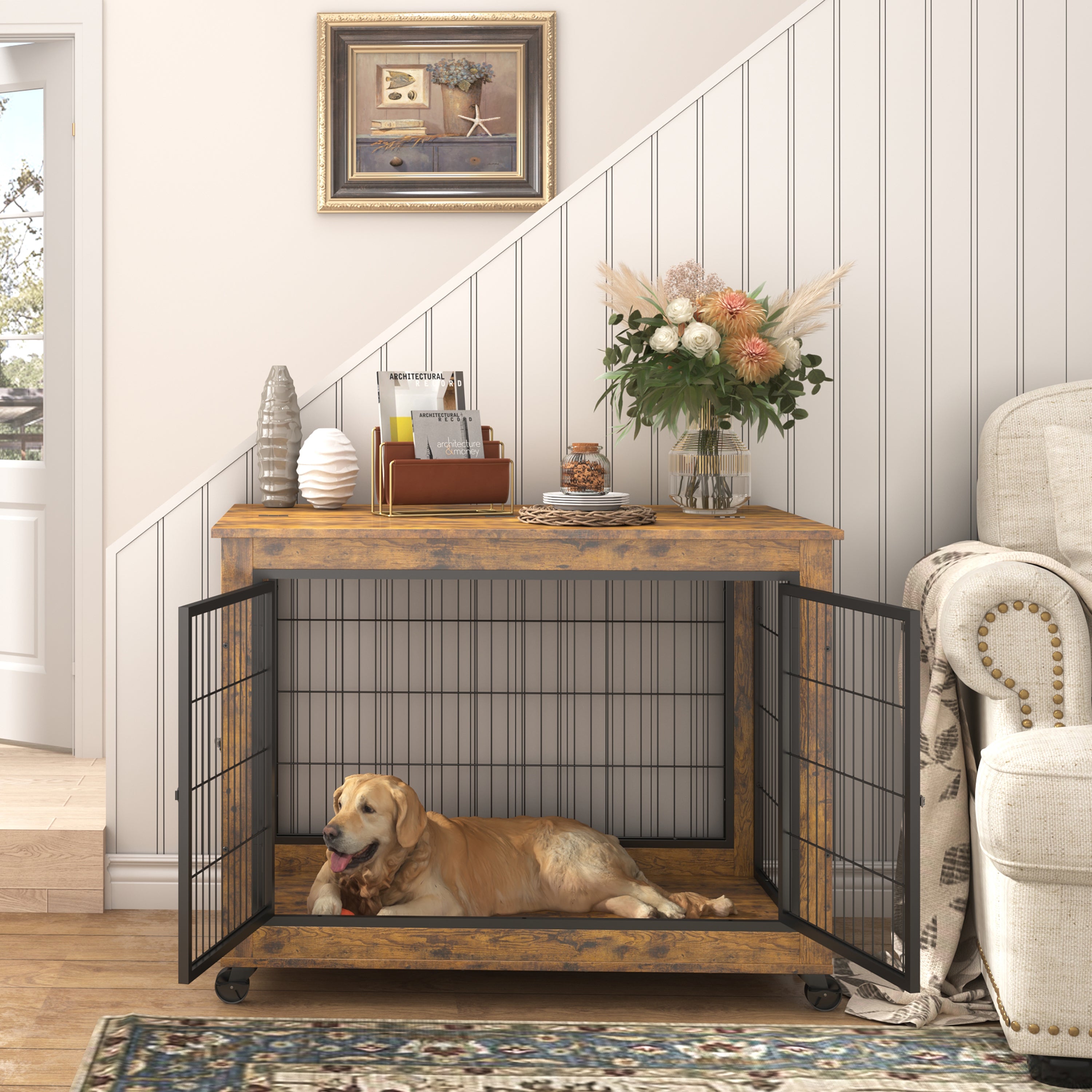 Cage pour chien avec portes doubles, brun rustique, 98 cm de largeur x 64 cm de profondeur x 69 cm de hauteur