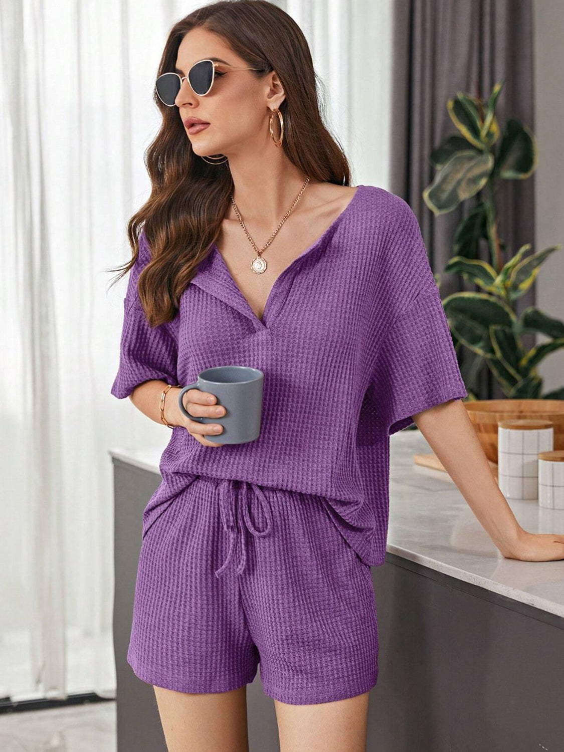 Ensemble haut et short en tricot gaufré à épaules tombantes, taille réelle