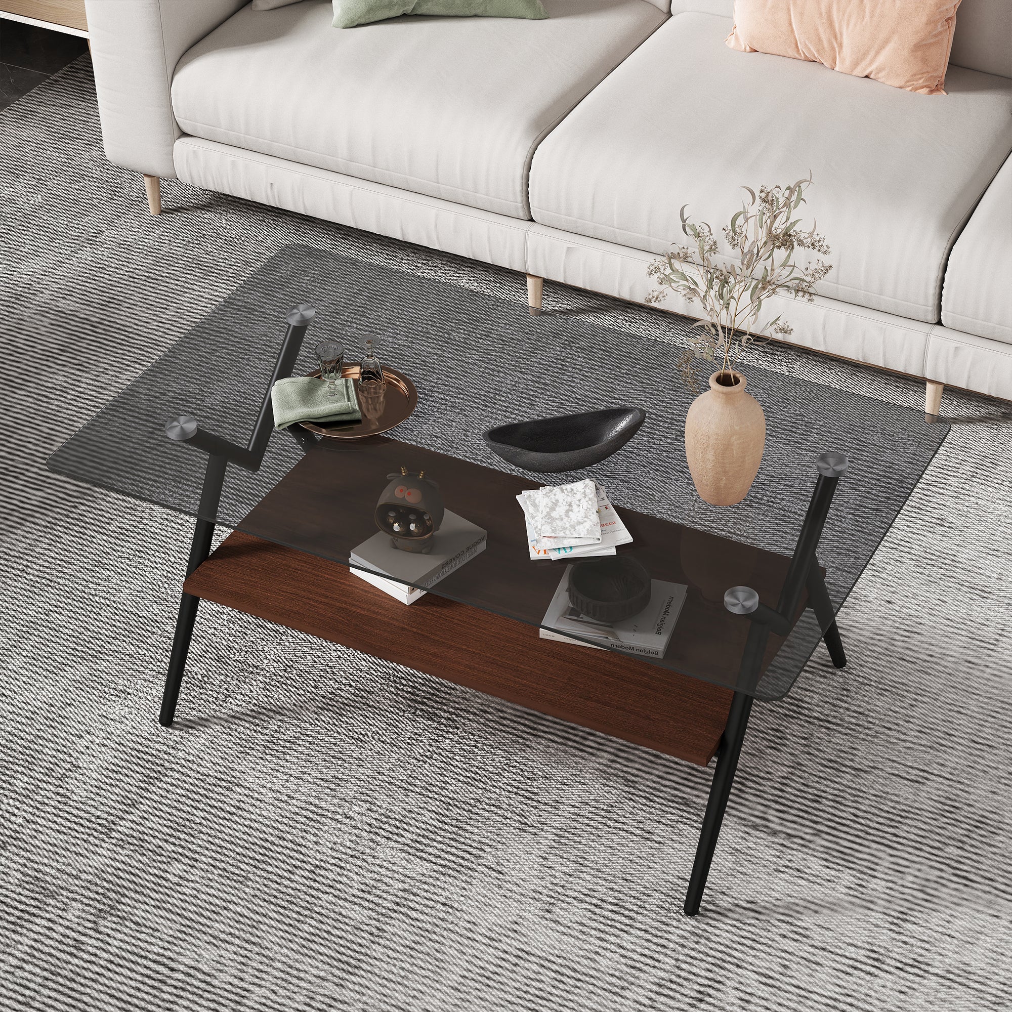 Table basse rectangulaire avec plateau en verre trempé et étagère en MDF marron, table moderne pour salon, verre gris