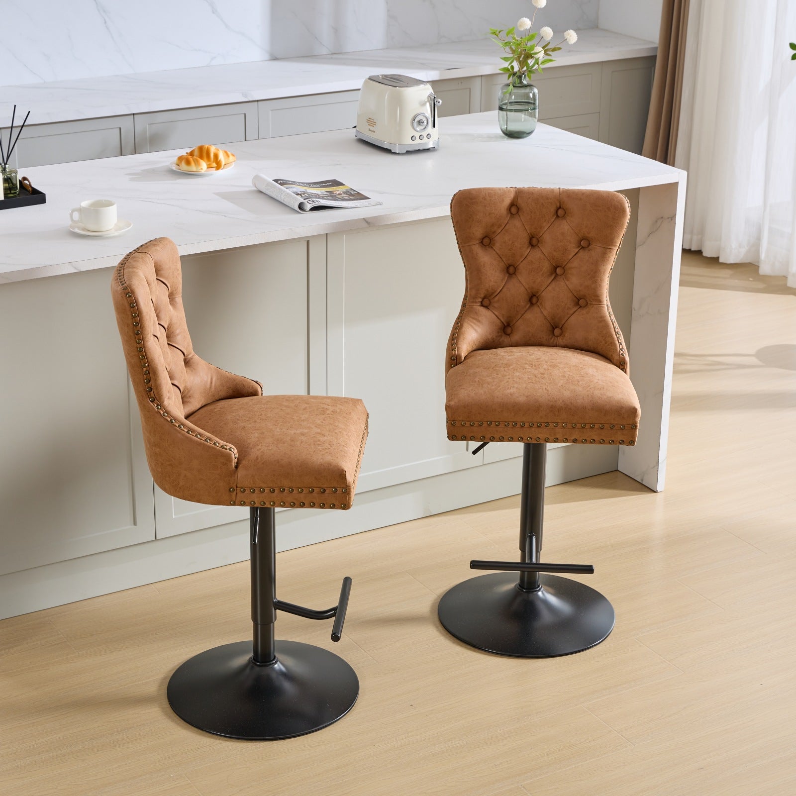 Tabouret de bar rotatif vintage en PU, hauteur d'assise réglable de 25 à 33 pouces, tabouret de bar moderne (orange, ensemble de 2 pièces)