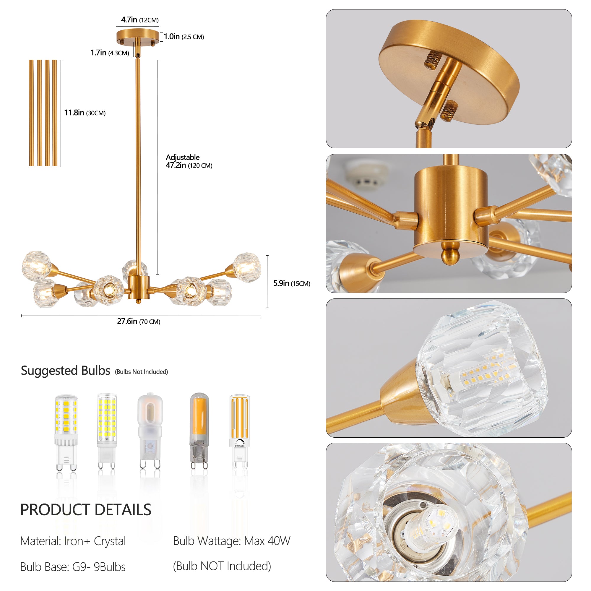 Lustres en cristal modernes, lustre doré à 9 lumières pour salon et chambre (ampoules non incluses)