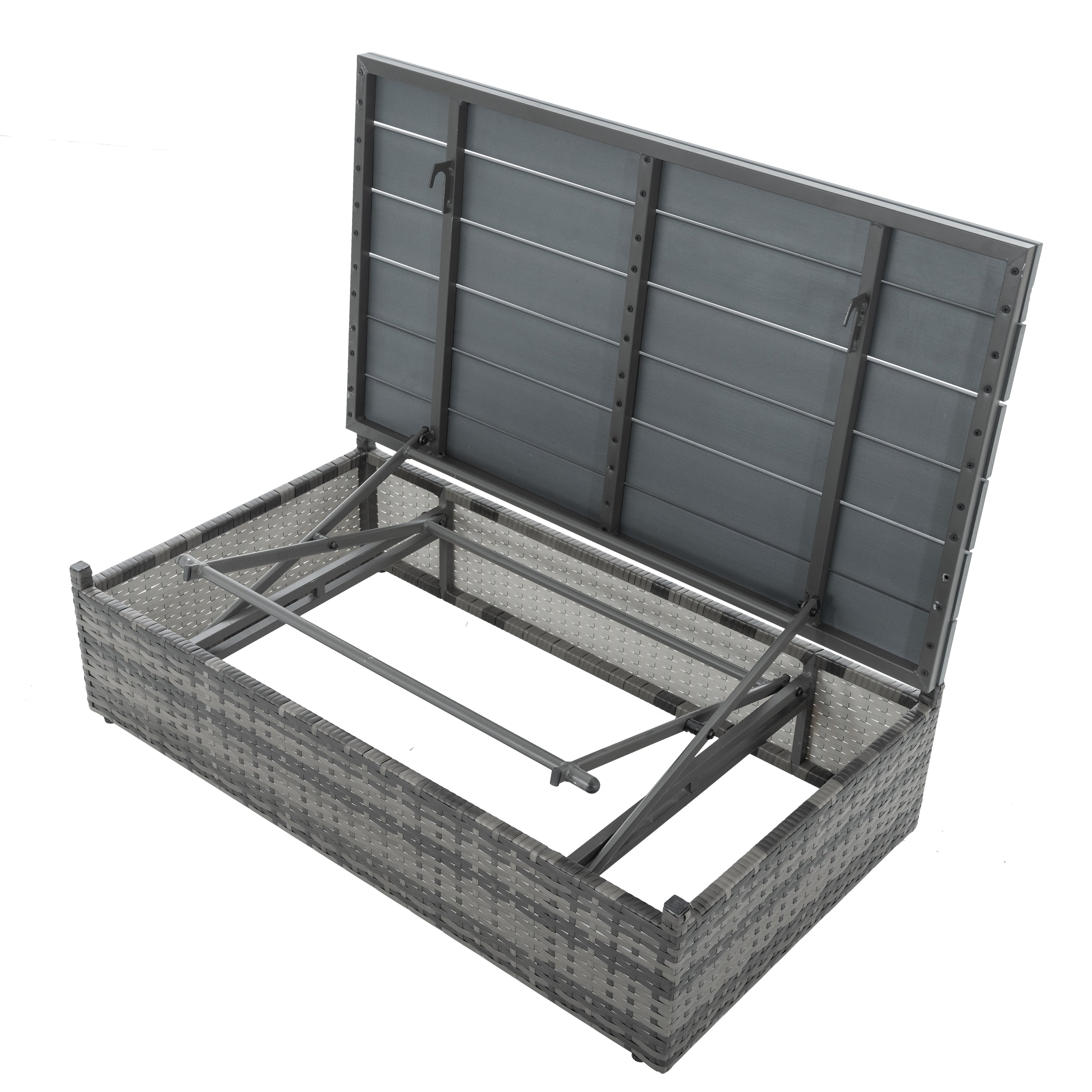 Mobilier de jardin, mobilier d'extérieur, mobilier saisonnier en osier PE, ensemble de 5 meubles en osier avec table basse en contreplaqué