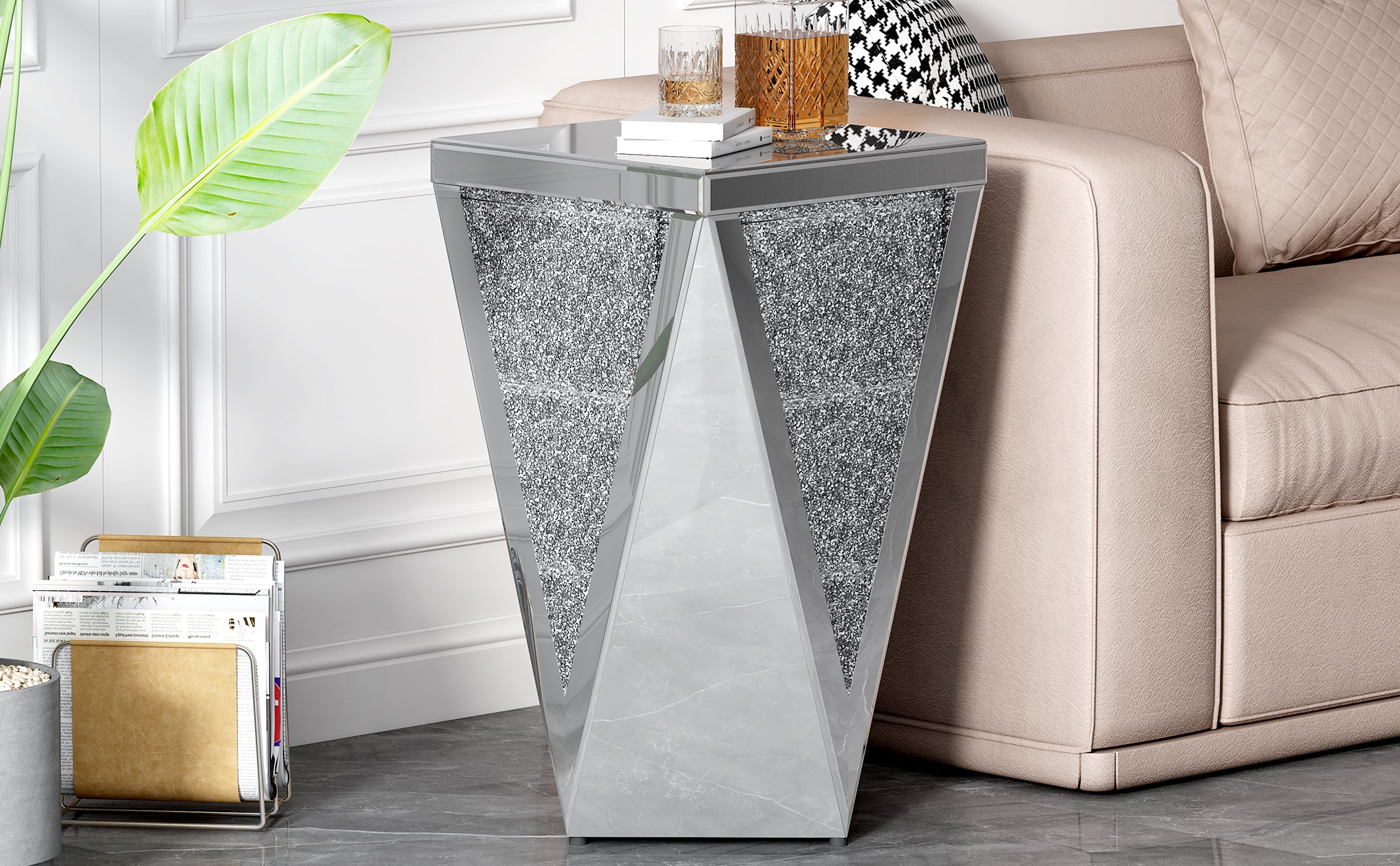 Table d'appoint carrée en miroir argenté U-Can de 13,8 po, table d'appoint moderne avec diamant concassé pour le salon, aucun assemblage requis