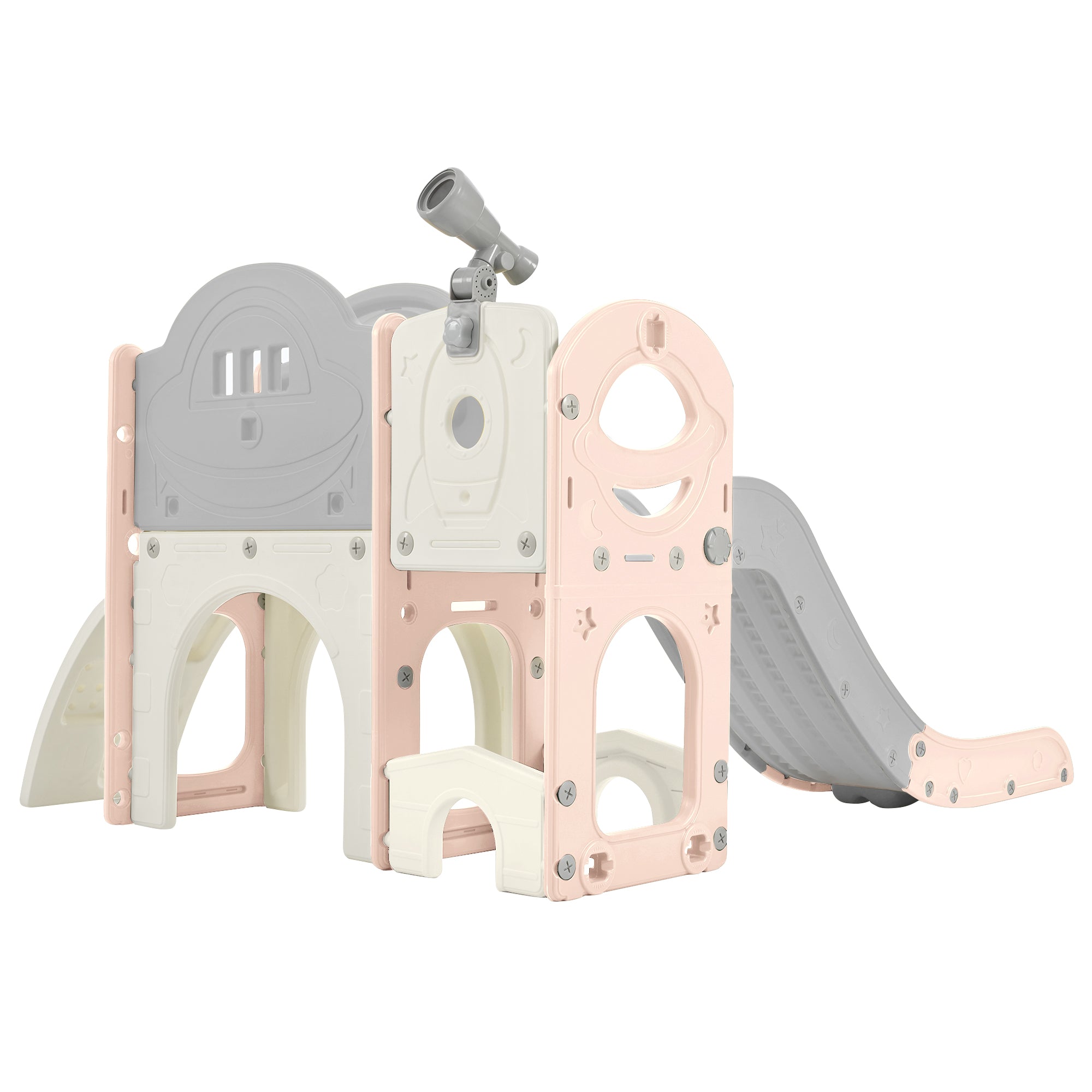 Structure de jeu pour enfants 7 en 1, vaisseau spatial autonome avec toboggan, tunnel en arche rose et gris + PEHD