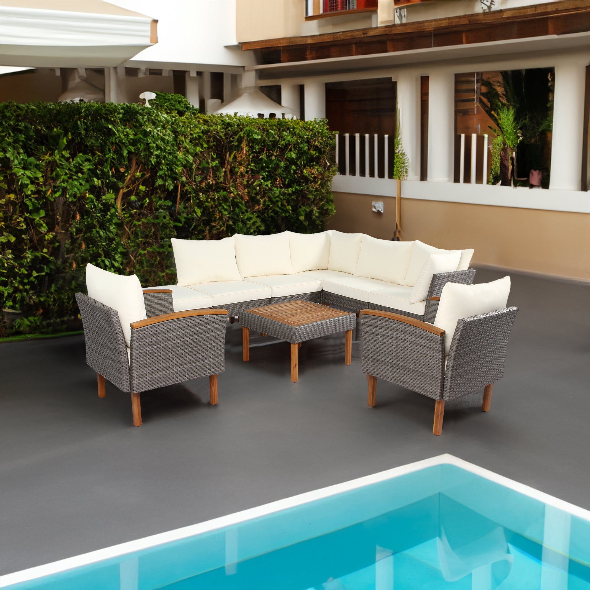 Ensemble de meubles de patio en rotin 9 pièces avec pieds en bois d'acacia et ensemble de canapé de table, table basse coussin lavable beige