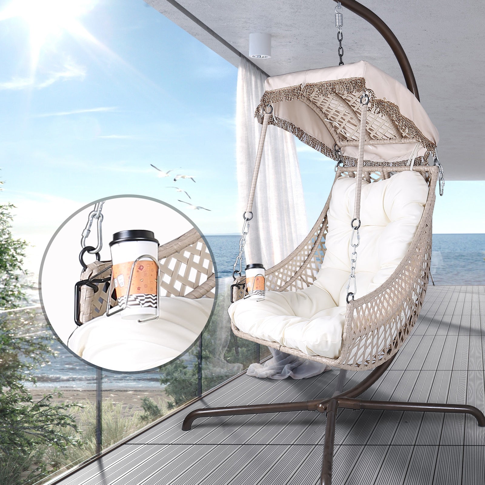 Chaise pivotante avec support, cadre en rotin et osier, capacité de 158 kg, pour patio, chambre à coucher, avec pare-soleil