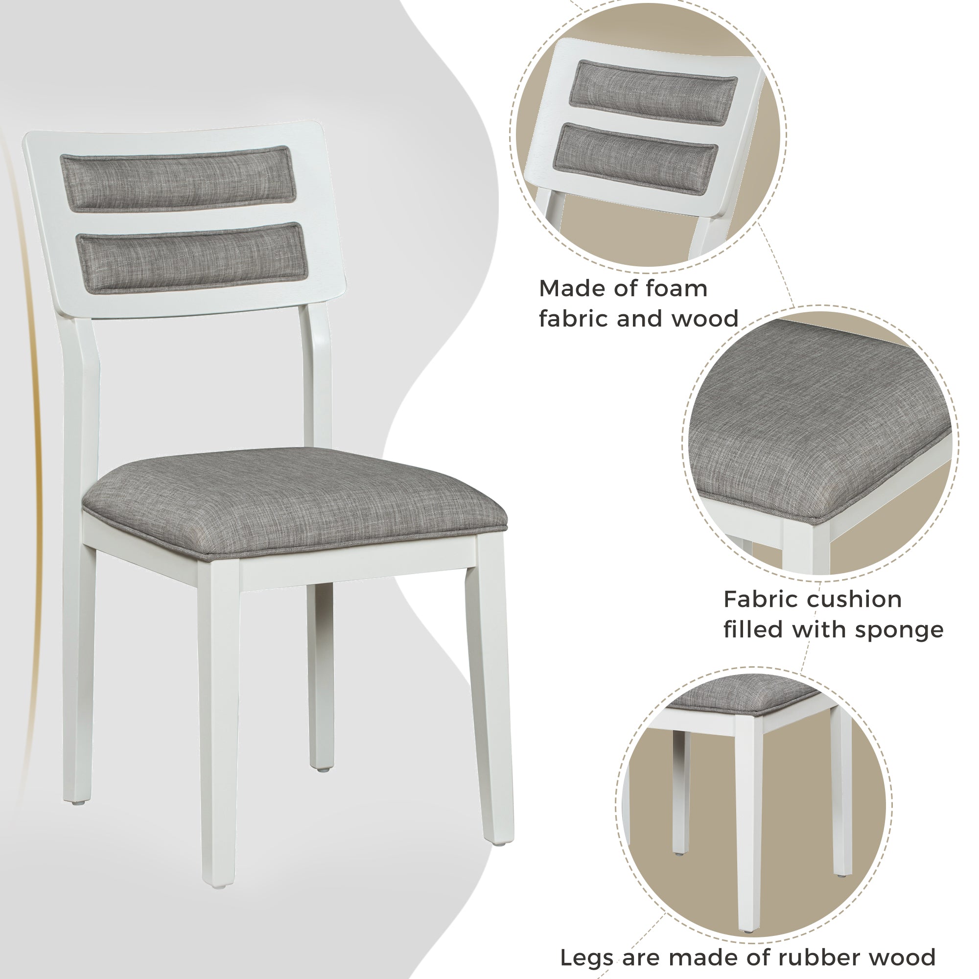 Ensemble de salle à manger TREXM de style classique et traditionnel, 6 pièces, comprenant une table à manger, 4 chaises rembourrées et un banc (blanc et gris)