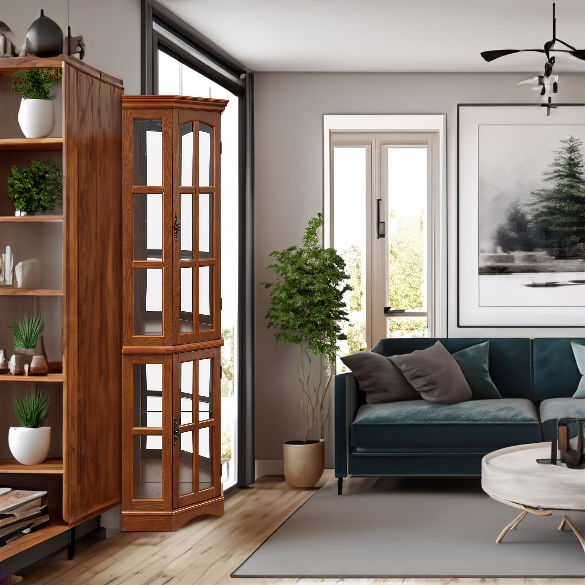 Corner Curio Cabinet with 5 Shelves and Lighting System, Oak(E26 light bulb not included)