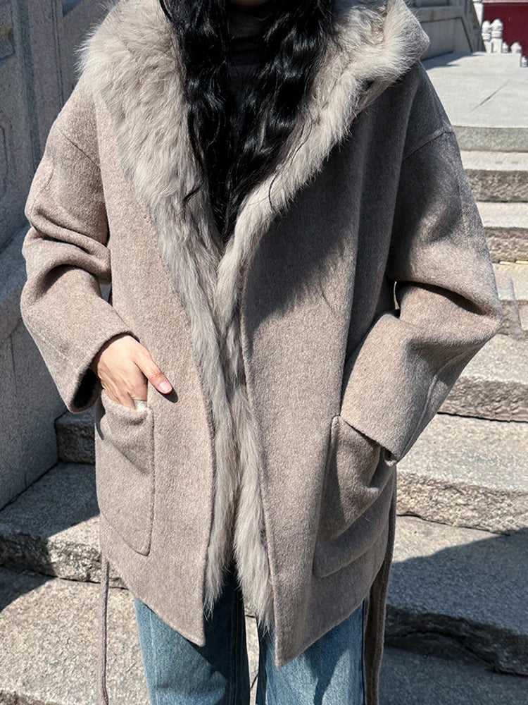 Manteau en laine à capuche pour femme, couleur unie, avec fourrure de renard et ceinture ample, nouveauté hiver
