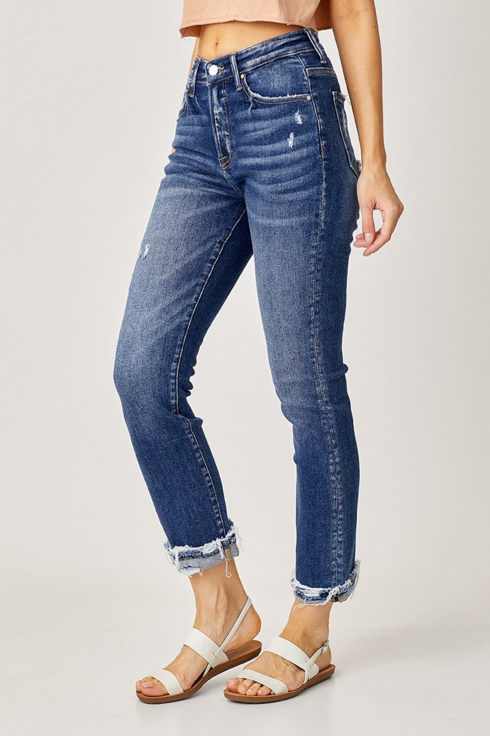 Jean droit taille haute effiloché à revers Risen
