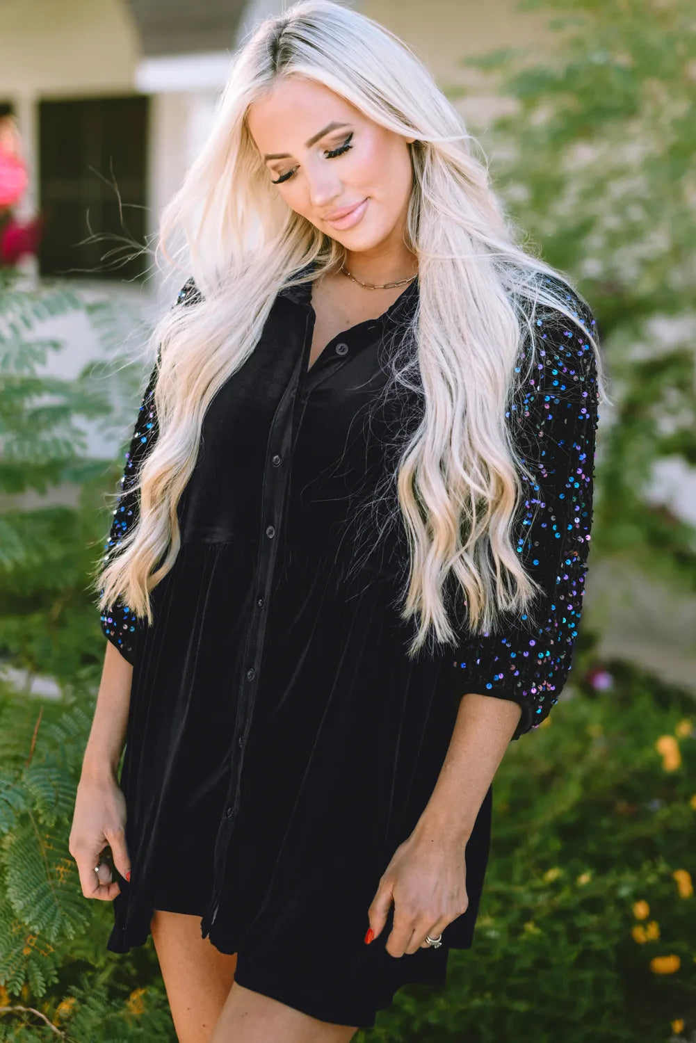 Chemise oversize à col à paillettes et manches trois-quarts