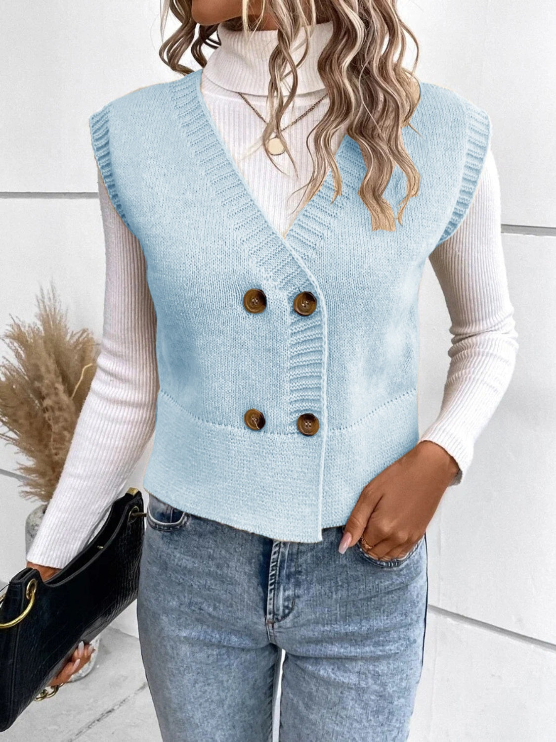 Gilet pull boutonné à col en V pleine grandeur