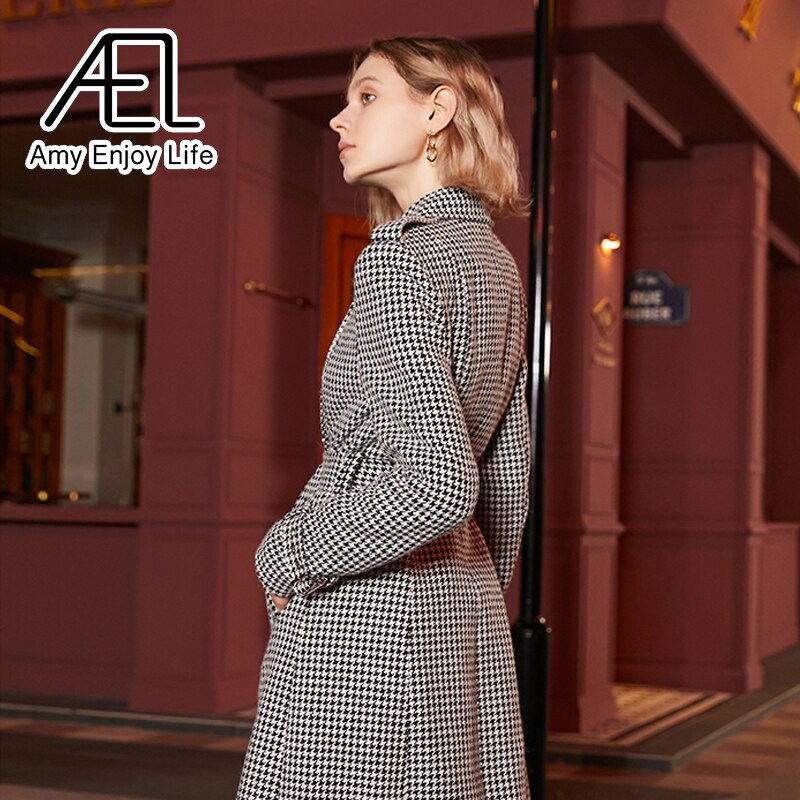 Manteau long d'hiver en laine pour femme, style trench-coat rétro pied-de-poule