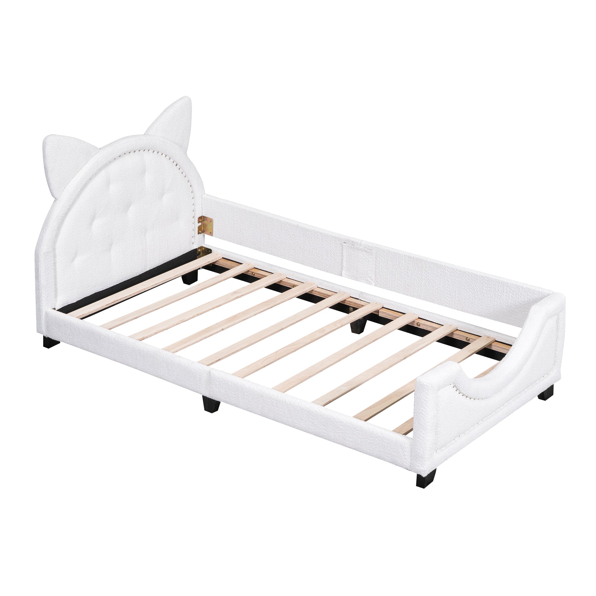 Teddy Fleece Twin Size Upholstered Daybed with Carton Ears Shaped Headboard White